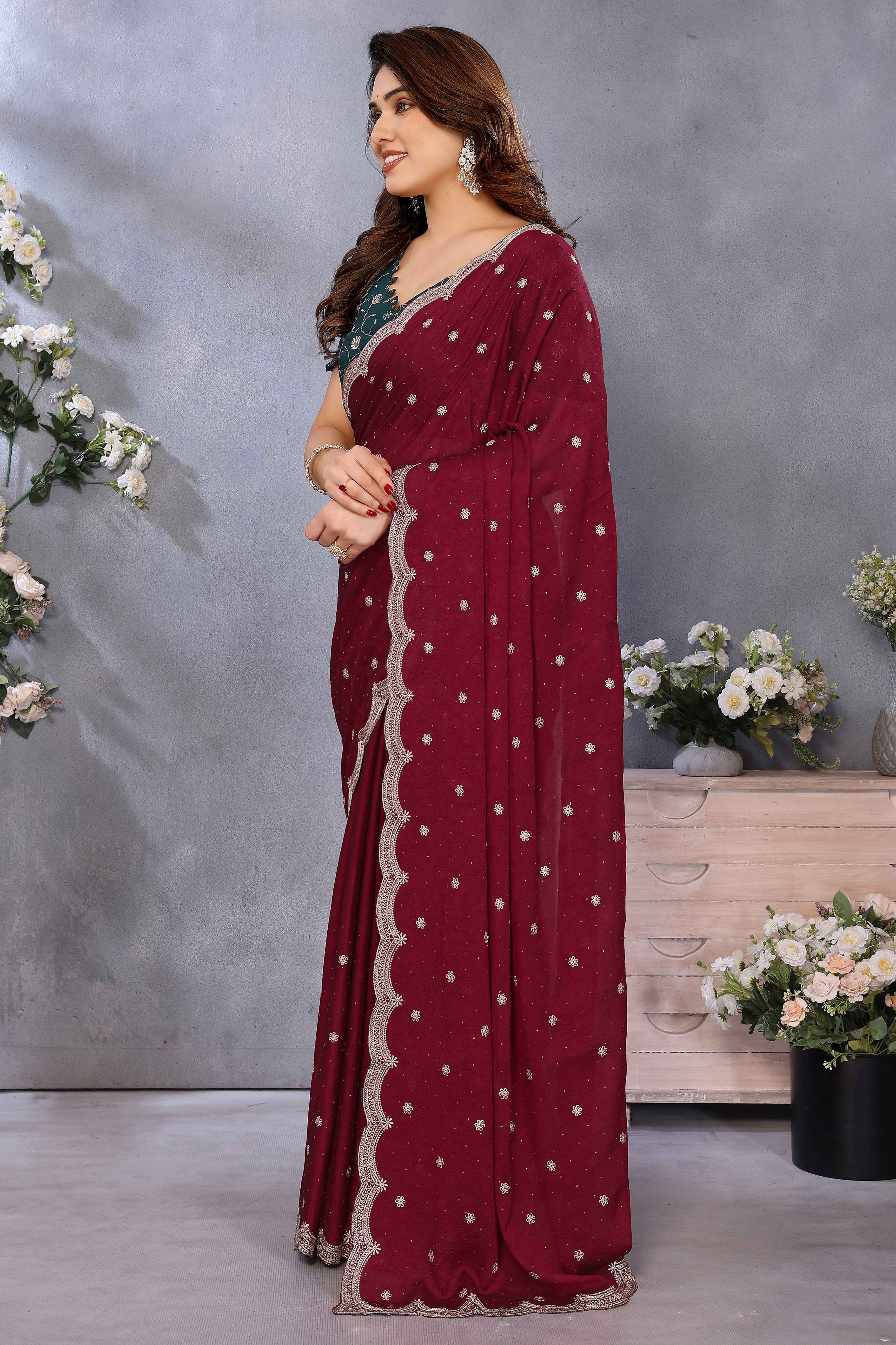 Elegant Wine Silk Blend Saree with Opulent Zari Embroidery and Sparkling Stone Work
