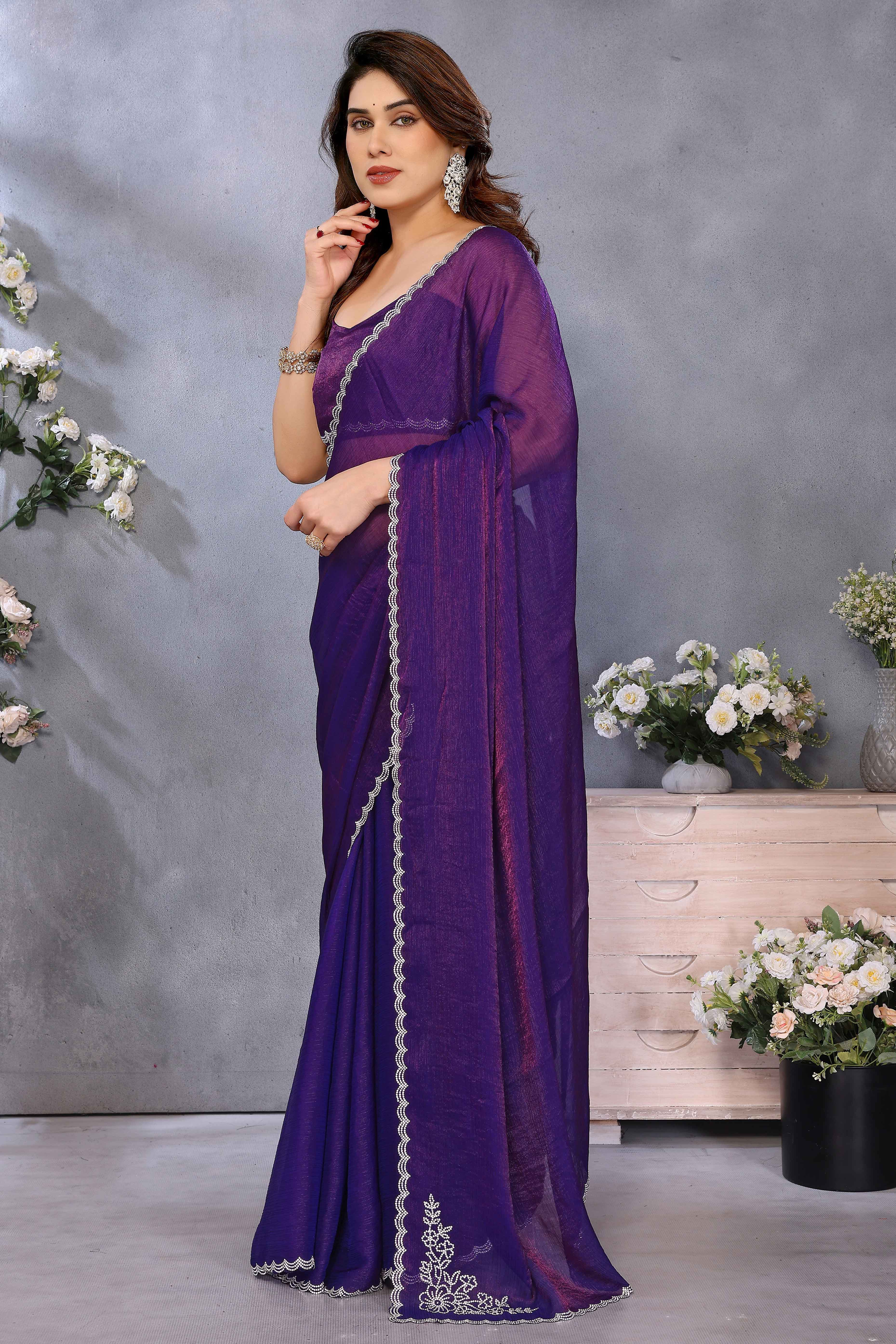 Violet Partywear Chiffon Saree Featuring Intricate Swarovski Stone Embellishment