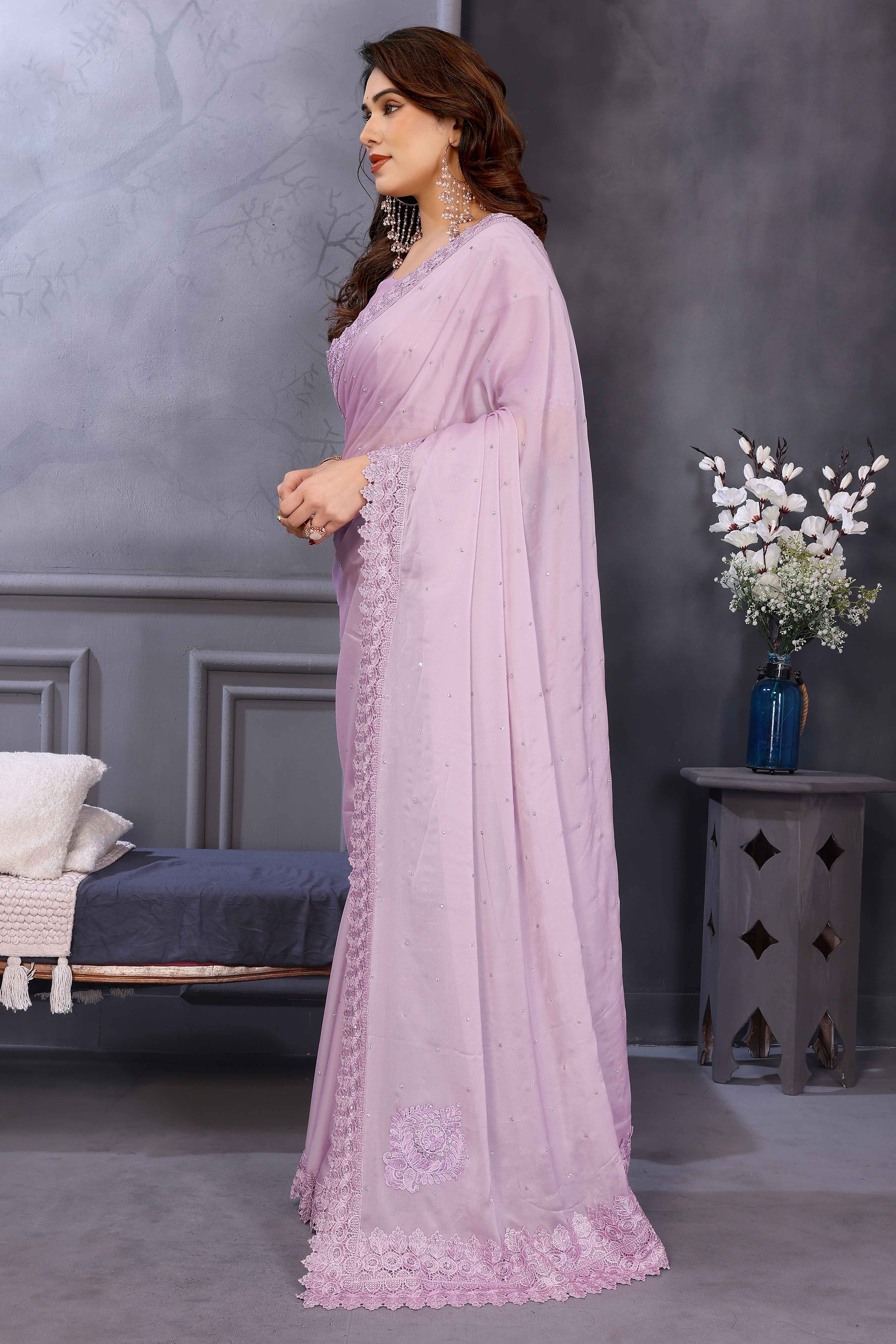 Lilac Purple Silk Blend Saree Adorned with Chemical Lace Edging and Dazzling Stone Accents
