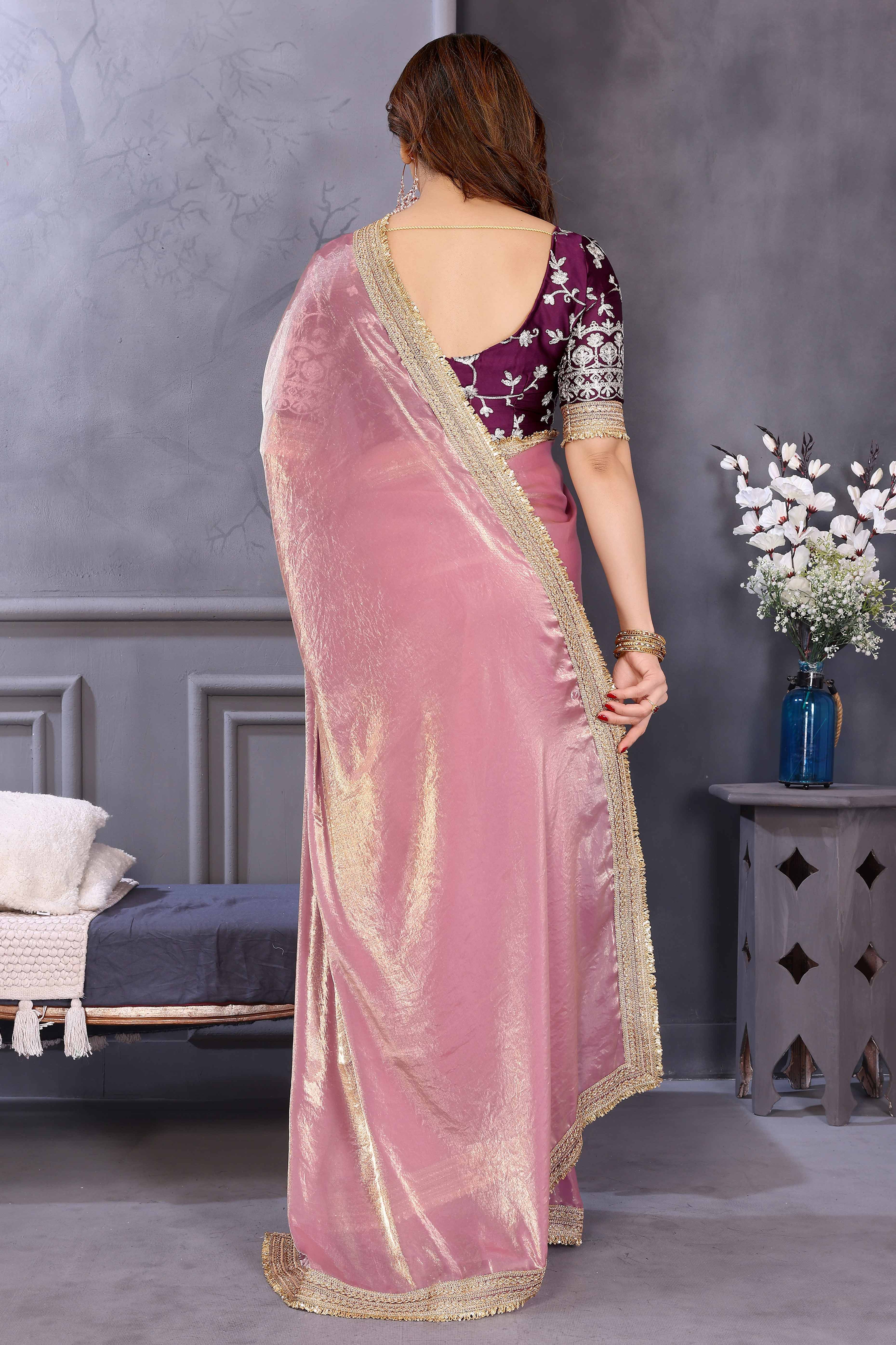 Pink Satin Saree with Solid Finish and Stylish Lace Embellished Border – Feminine and Festive