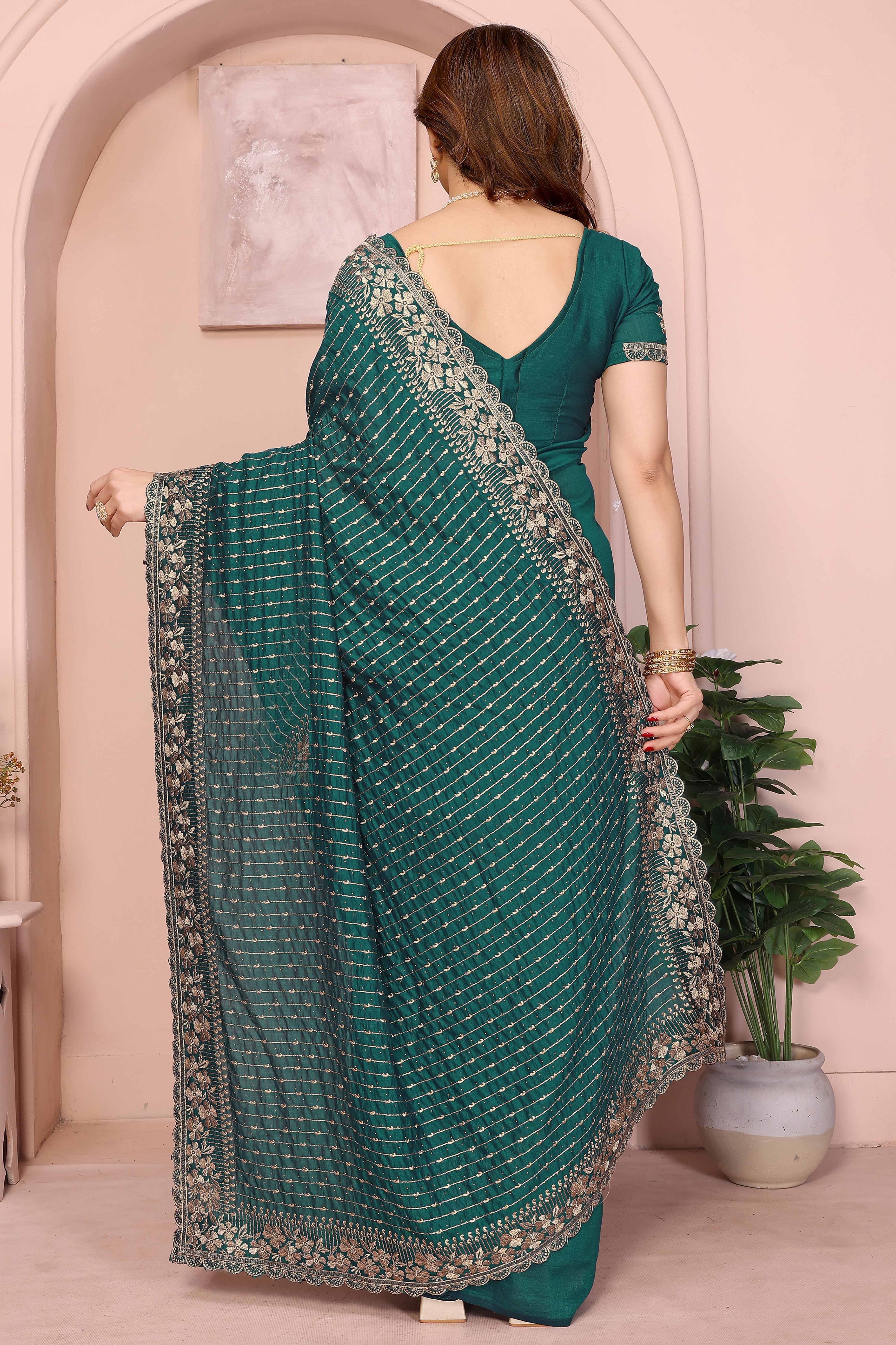 Morpich Green Vichitra Silk Saree with Heavy Embroidery and Sparkling Swarovski Work