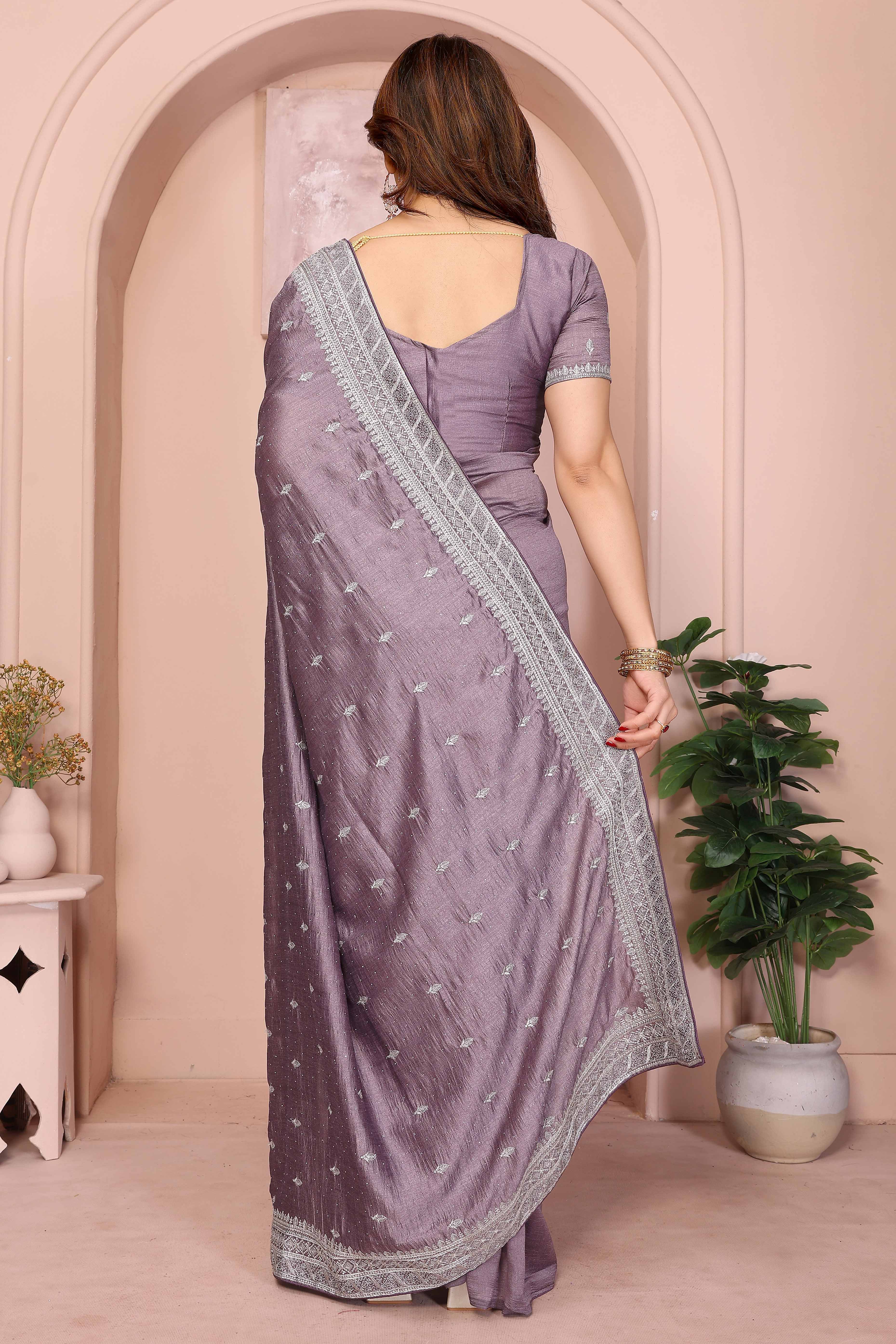 Lavender Vichitra Silk Saree with Traditional Zari Embroidery and Elegant Stone Work