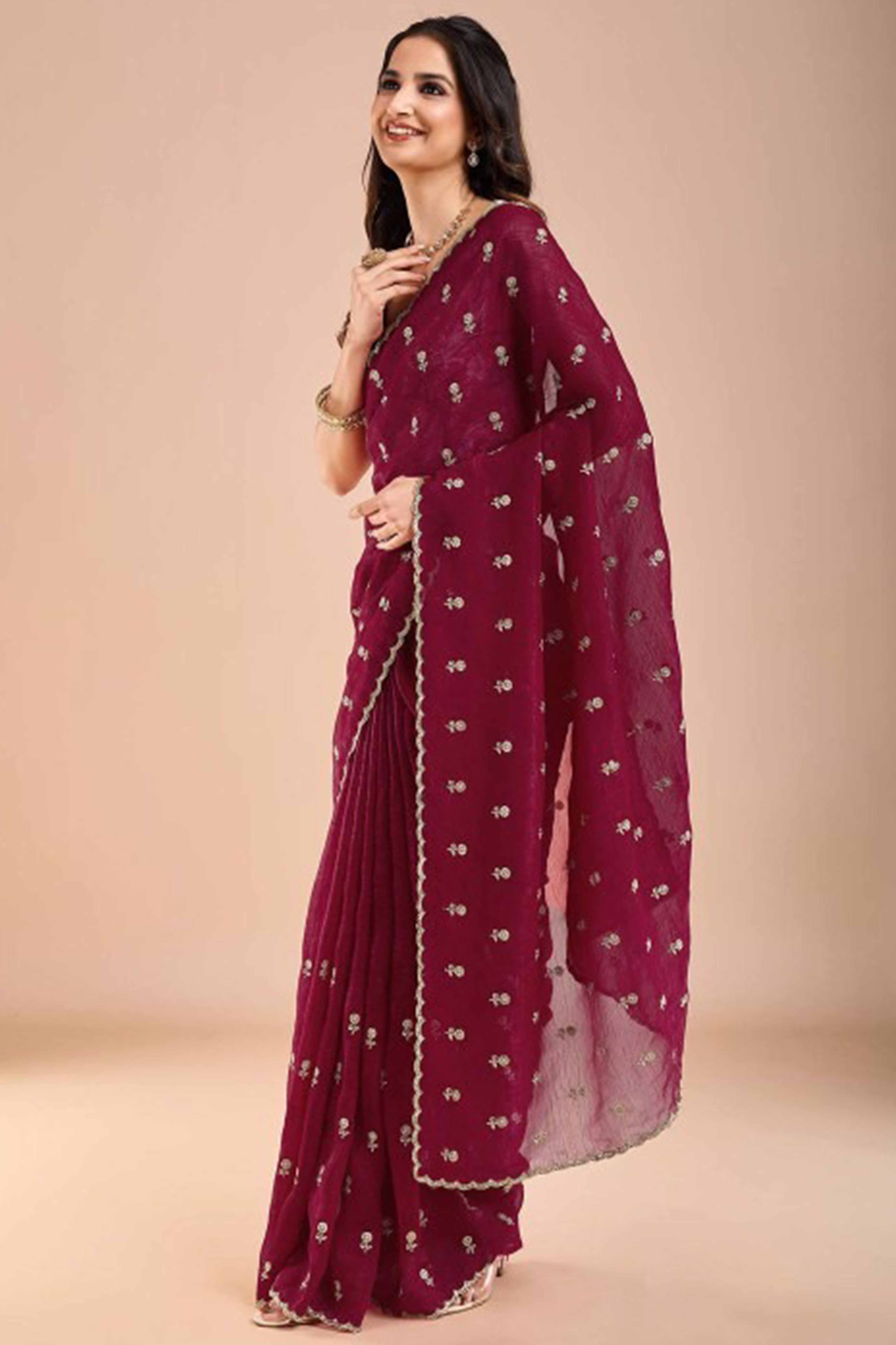 Rani Pink Crunchy Saree Adorned With Floral Sequins Embroidery & Graceful Border Finish