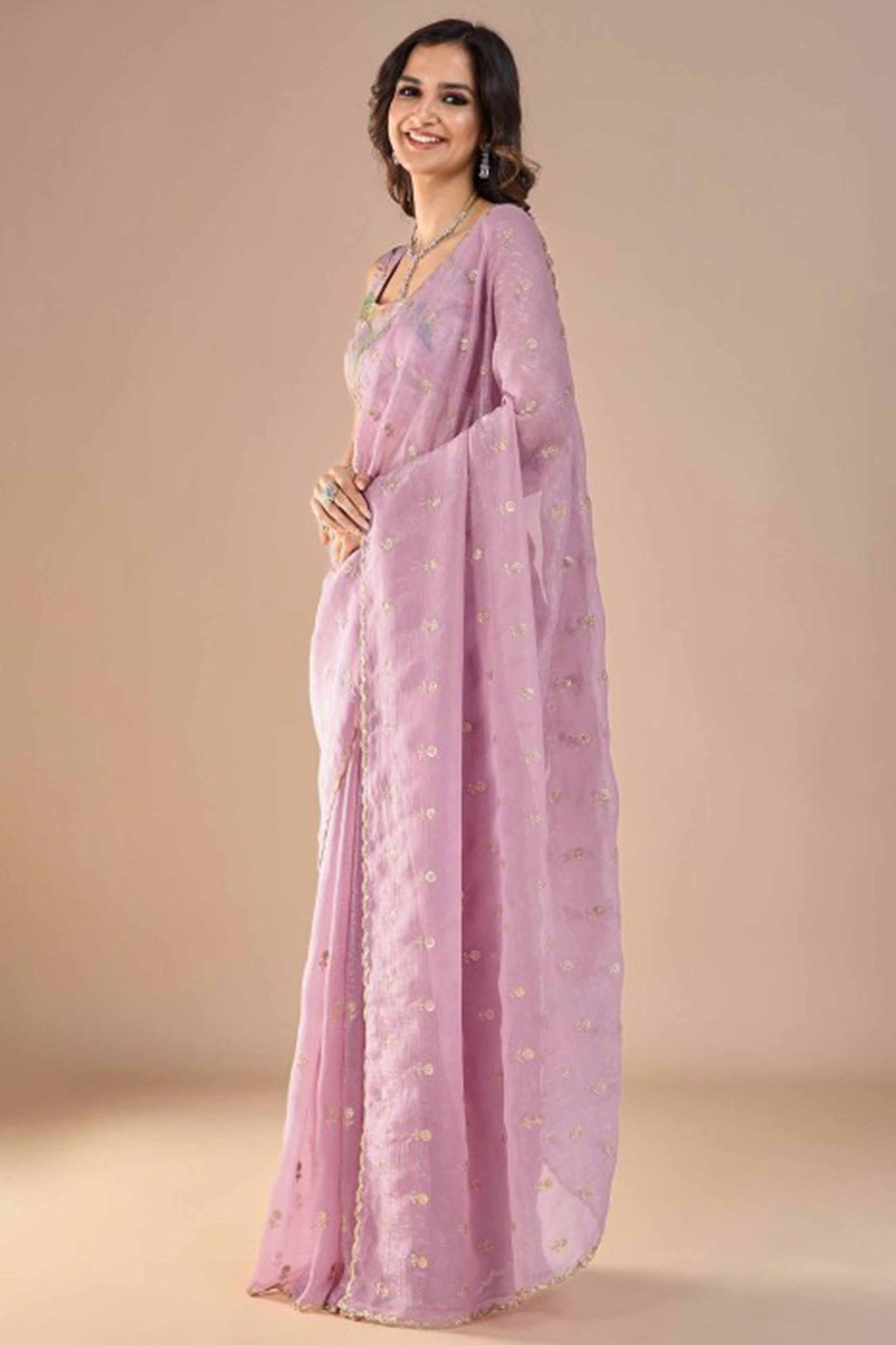Pink Crunchy Saree Adorned With Floral Sequins Embroidery & Graceful Border Finish