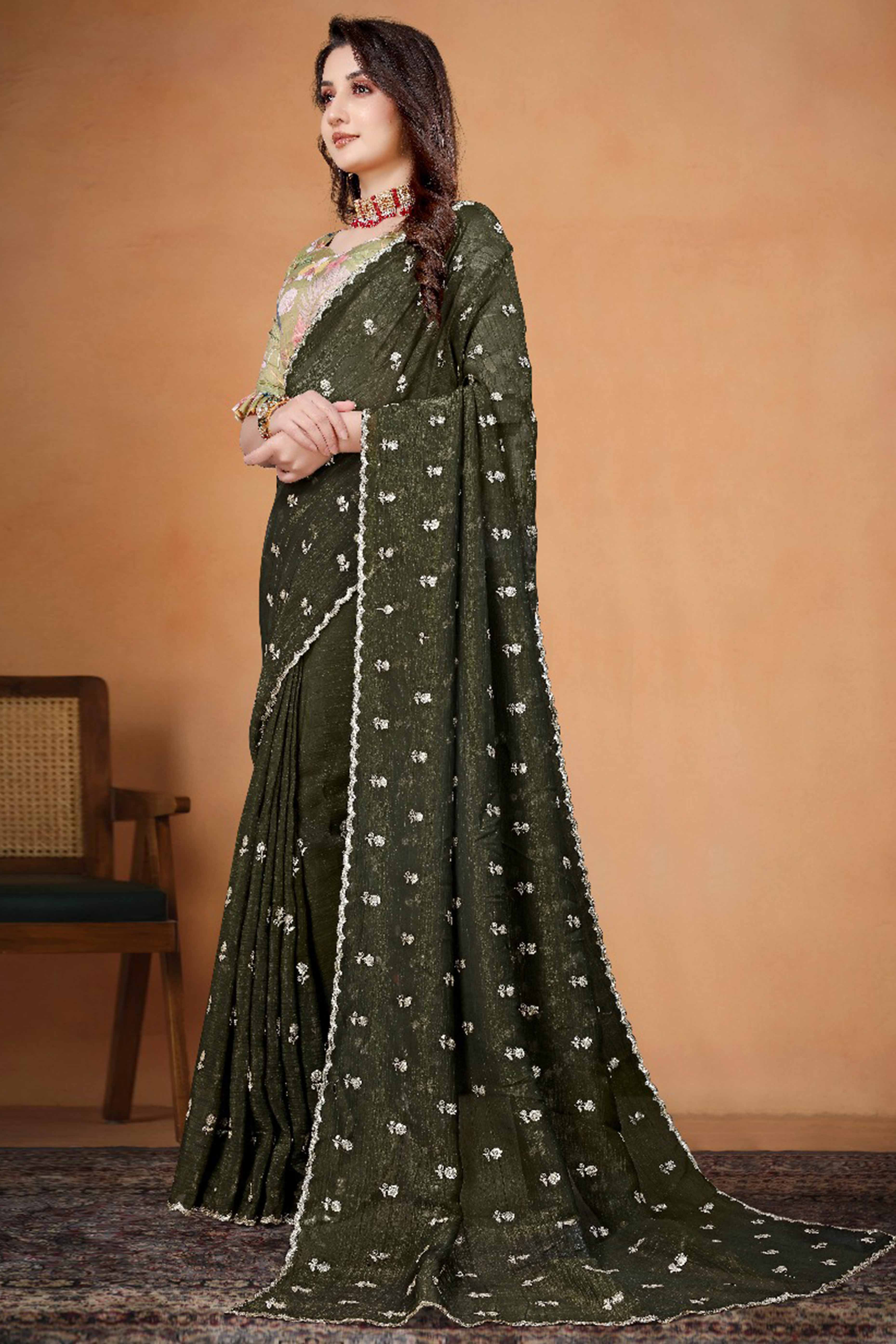 Mehendi Green Crunchy Saree Adorned With Floral Sequins Embroidery & Graceful Border Finish