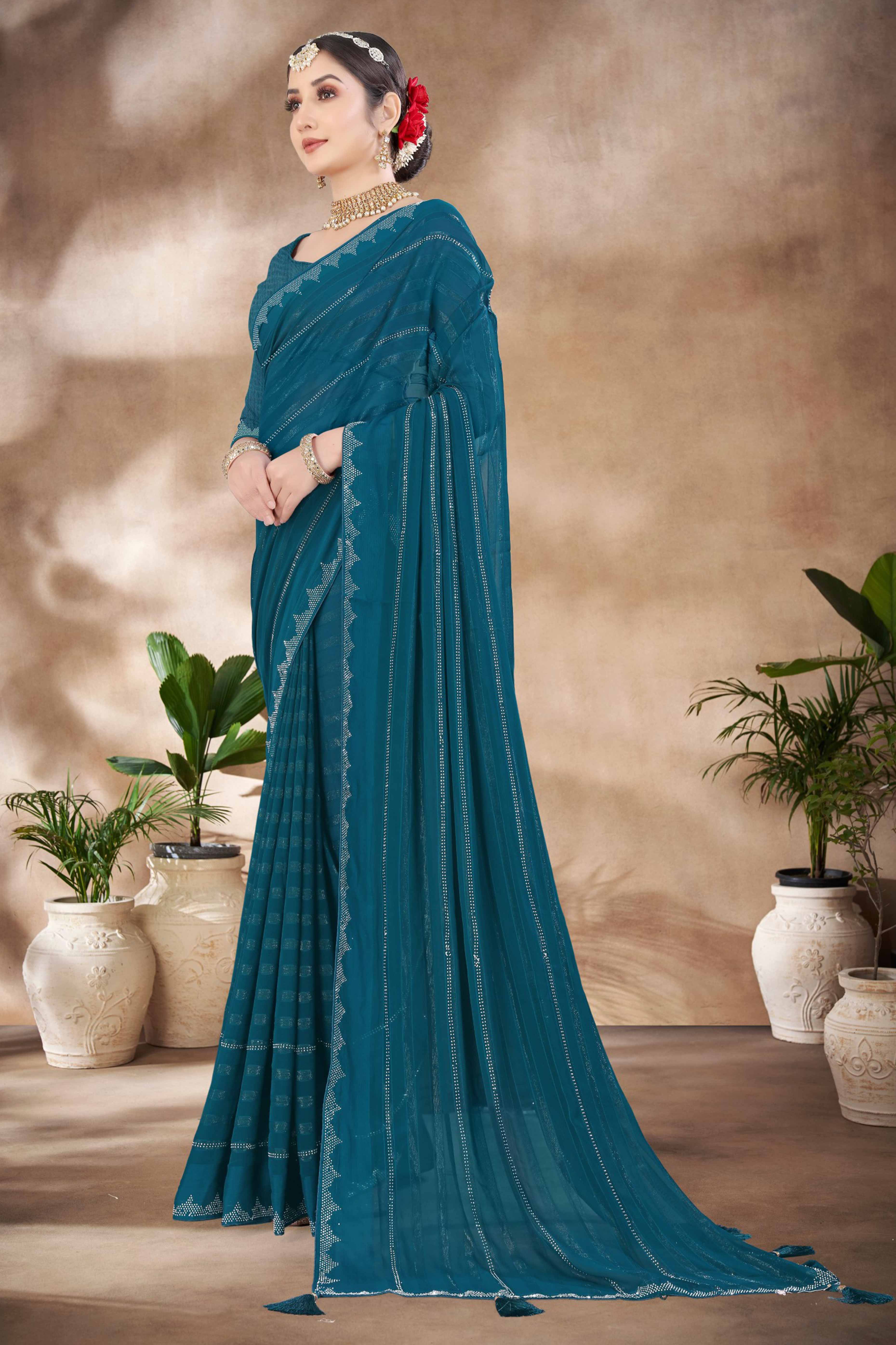 Teal Chiffon Party Saree Featuring Delicate Stone Embellishments
