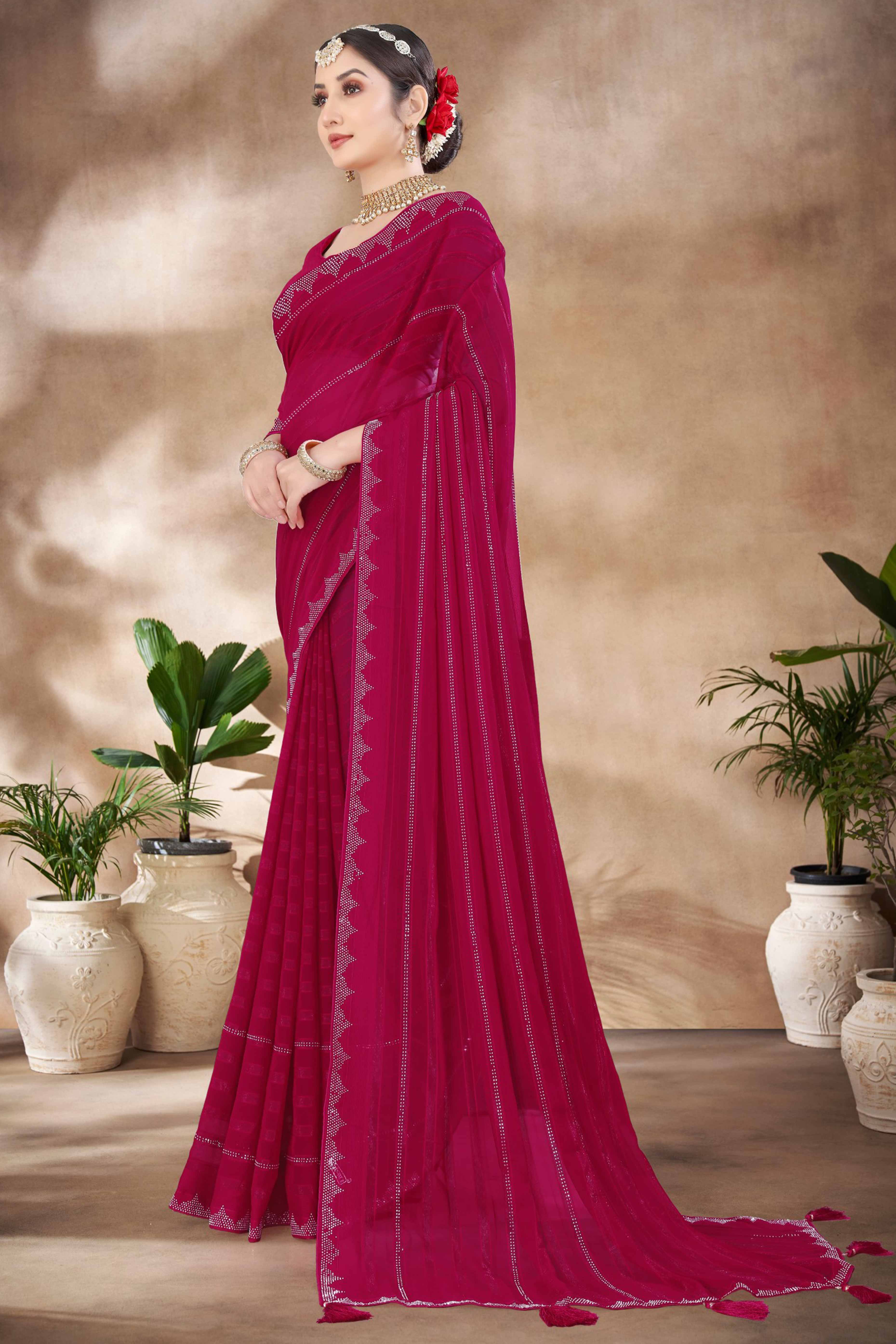 Pink Chiffon Party Saree Featuring Delicate Stone Embellishments