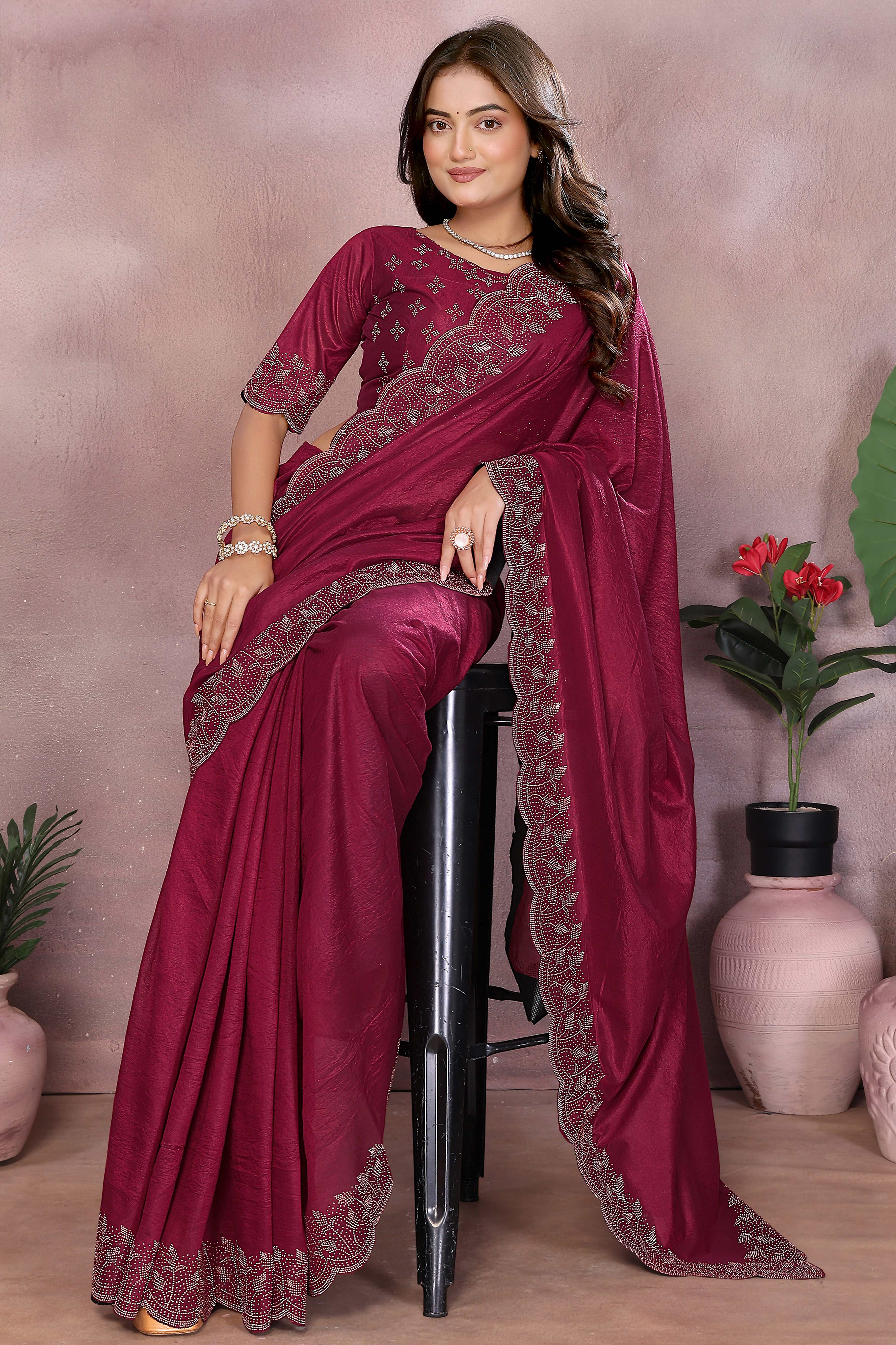 Party Ready Wine Imported Lycra Saree with Glittering Stone Embroidery