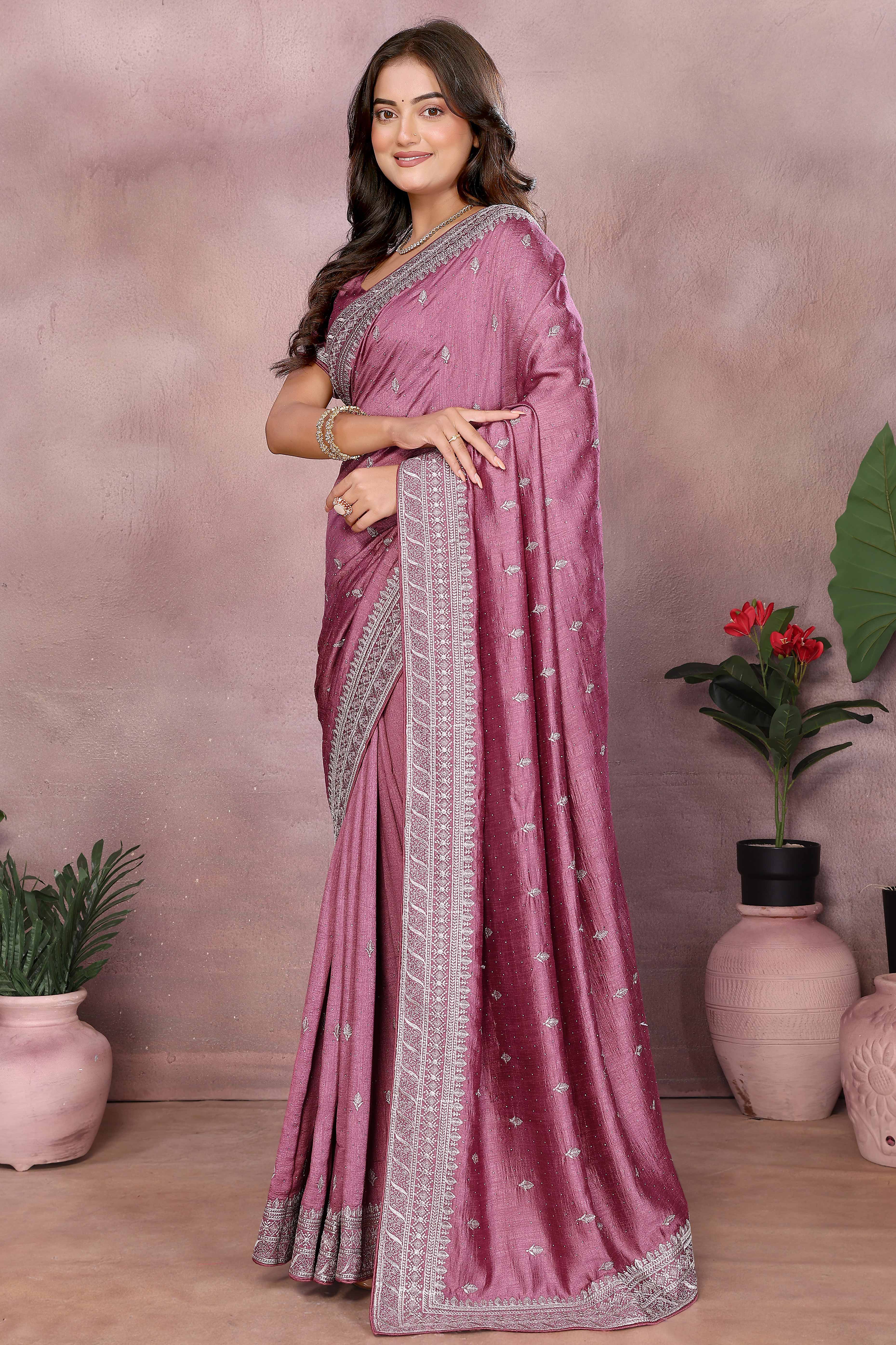 Modern Light Mauve Embroidered Vichitra Silk Saree for Weddings and Festive Occasions