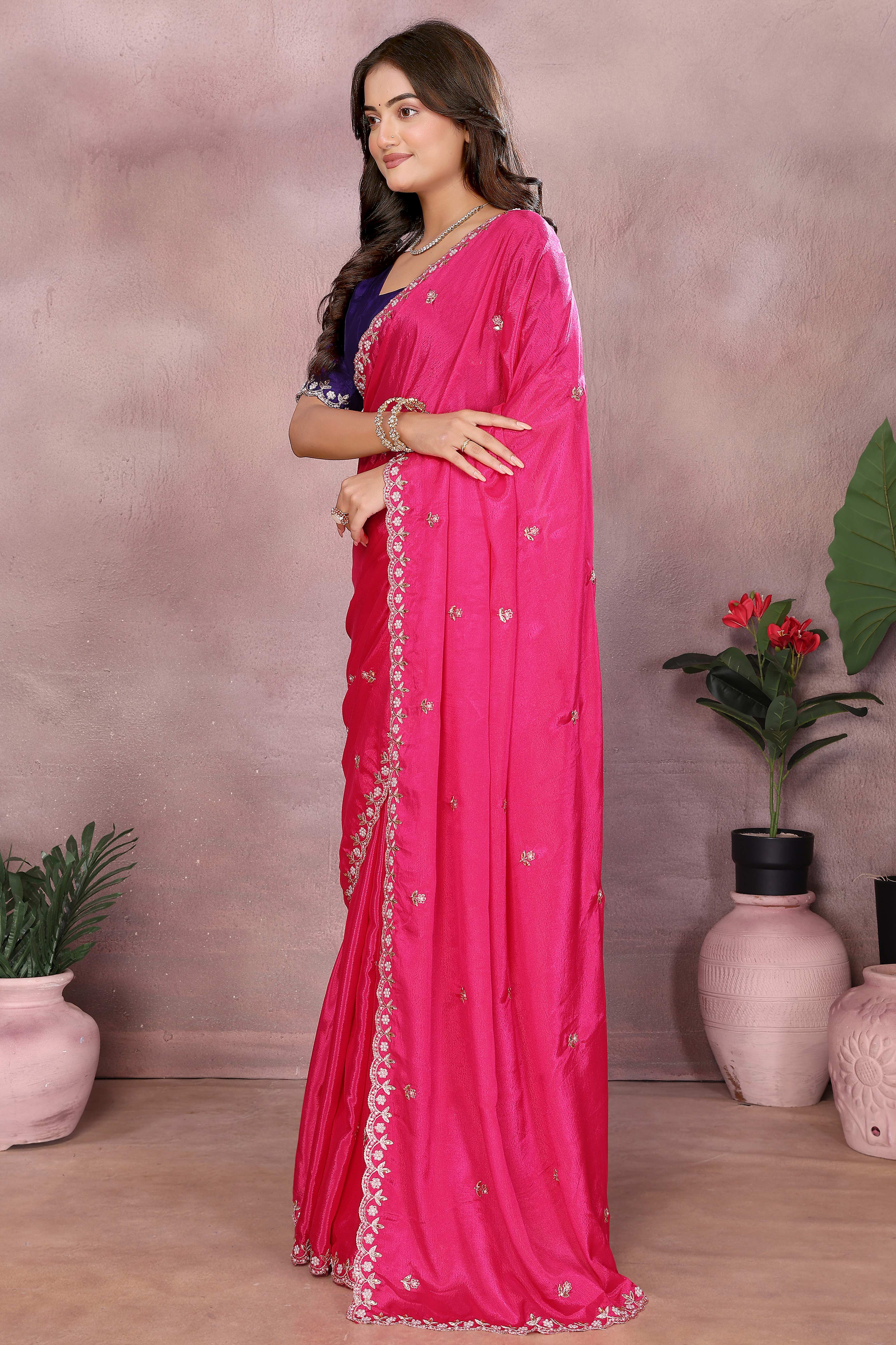 Pink Embroidered Vichitra Silk Saree with Exquisite Beads Detailing