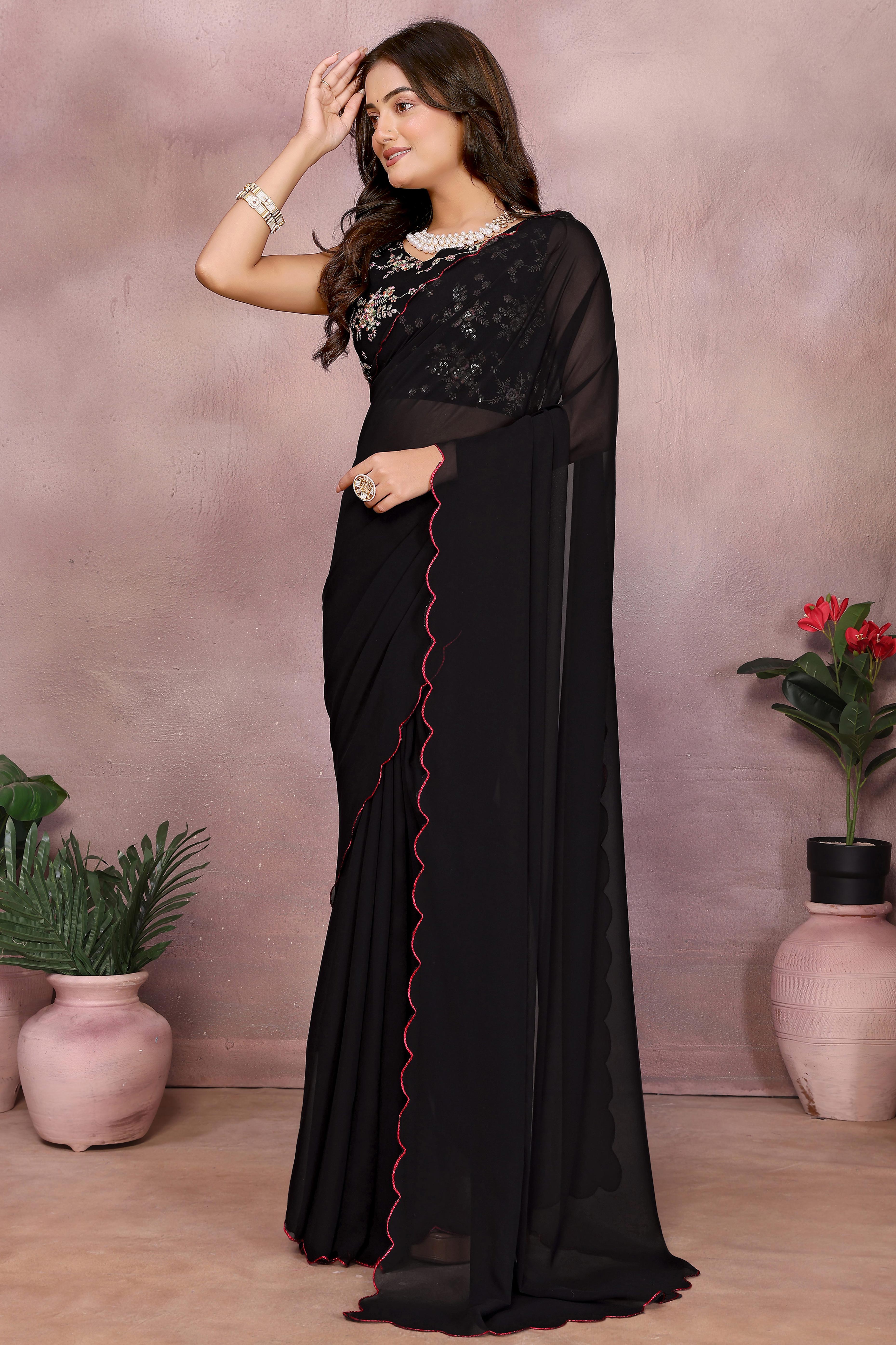 Sophisticated Black Party Wear Saree in Georgette Fabric With Embellished Blouse