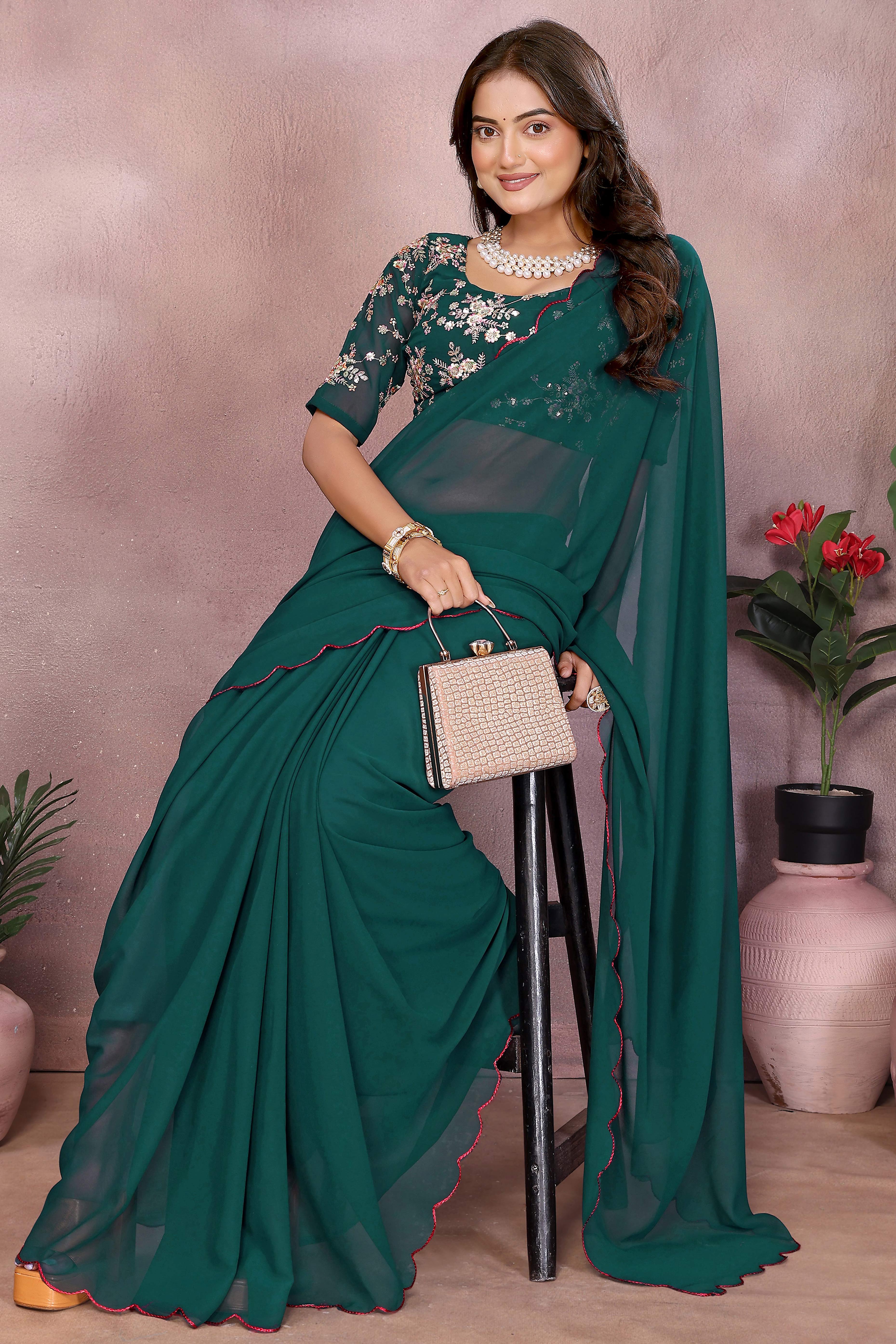 Sophisticated Morpich Green Party Wear Saree in Flowing Georgette Fabric With Embellished Blouse