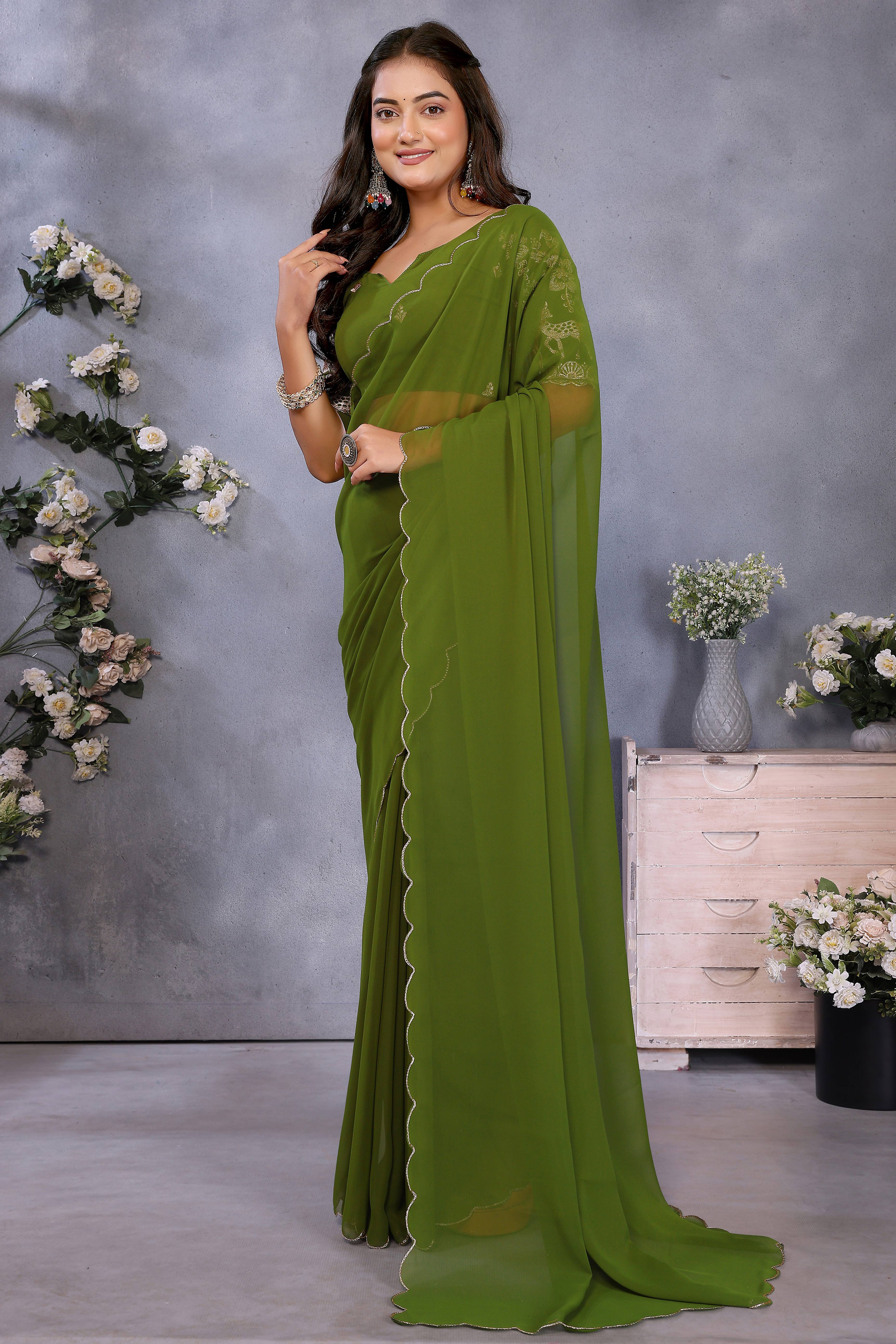 Sophisticated Green Party Wear Saree in Flowing Georgette Fabric With Embellished Blouse