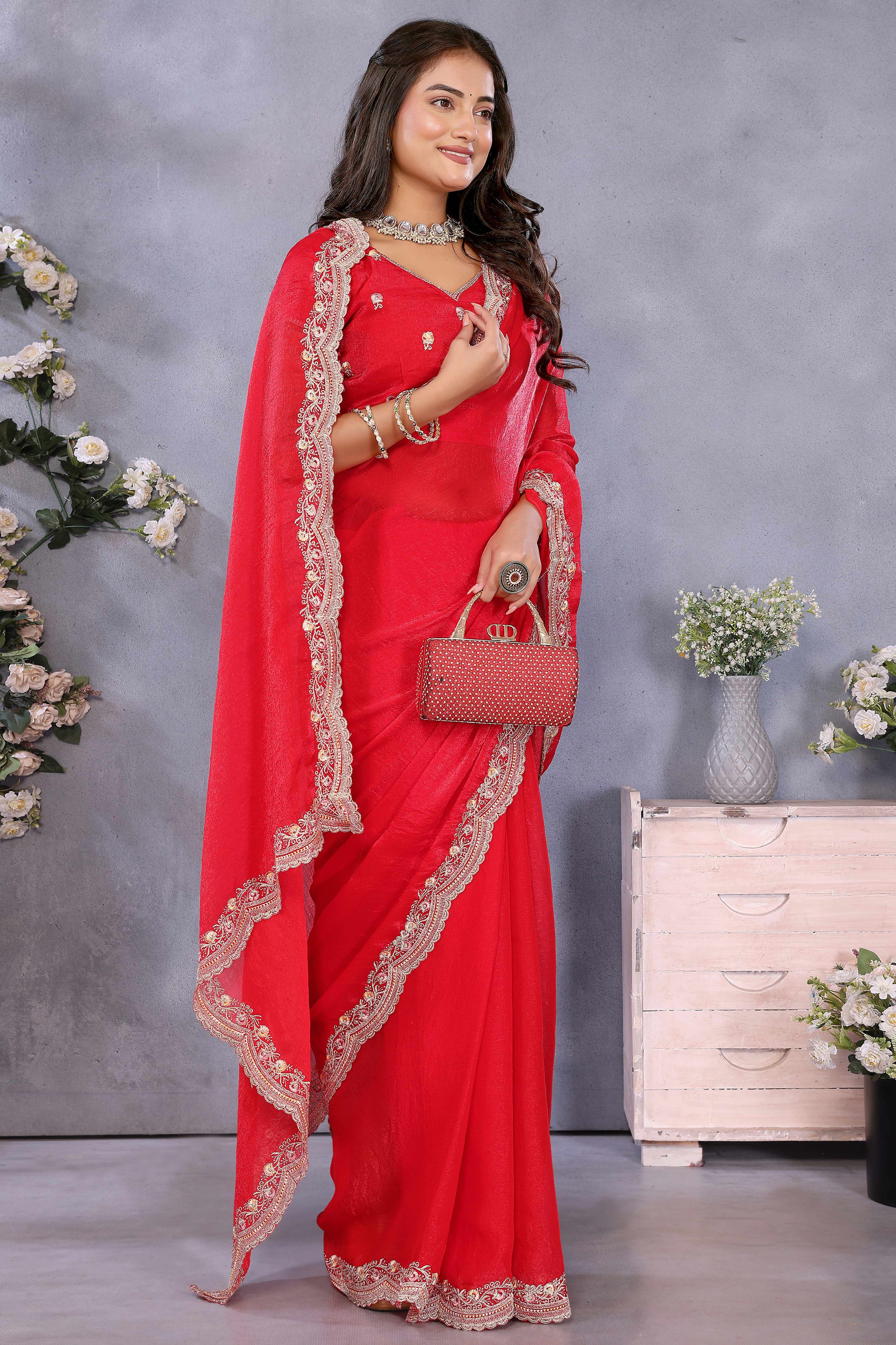 Red Chiffon Saree with Delicate Embroidered Motifs for Special Occasions