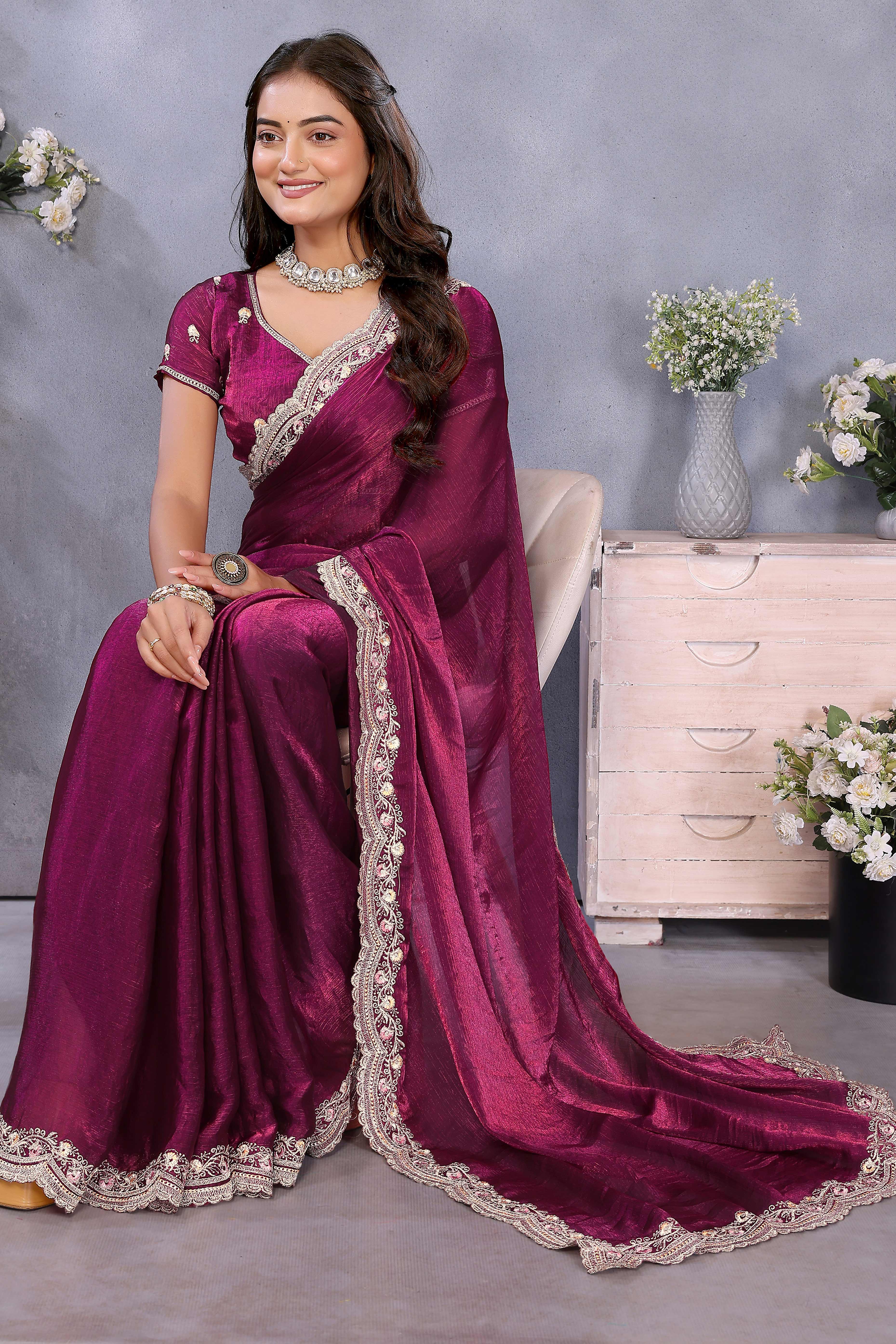 Wine Chiffon Saree with Delicate Embroidered Motifs for Special Occasions