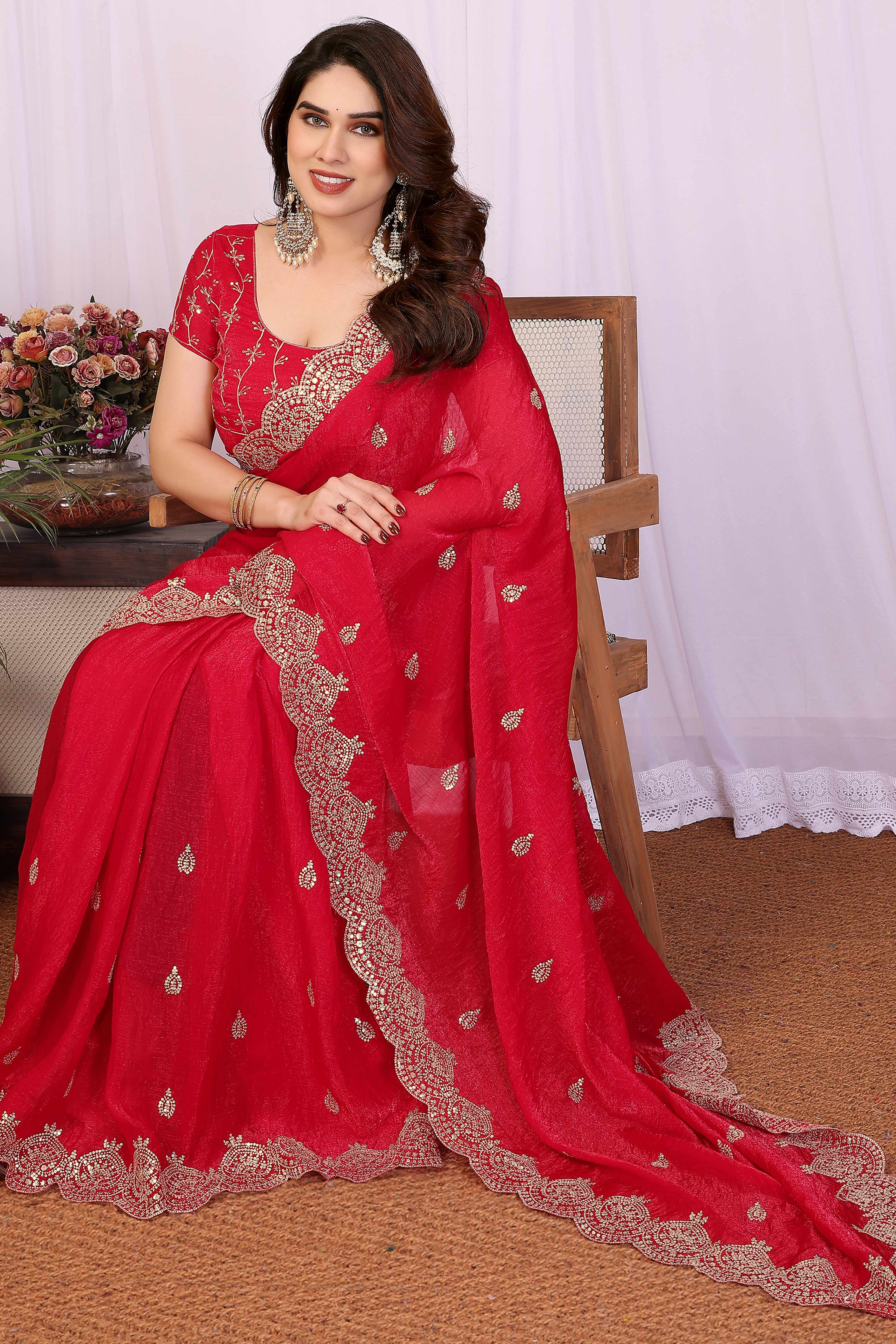 Red Sequins Work Embroidered Chiffon Saree Elegant Partywear