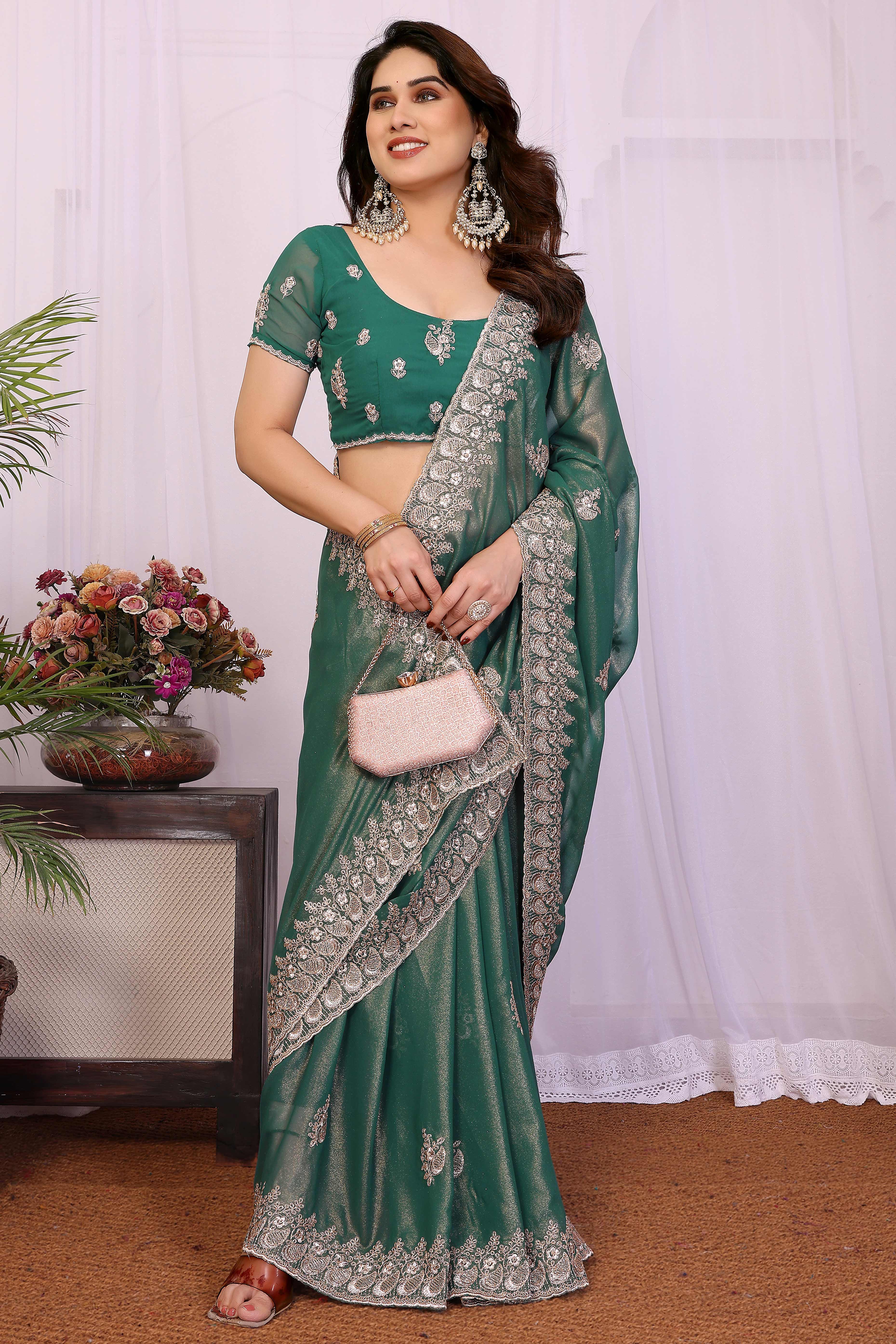 Green Thread Work Embroidered Georgette Saree Elegant Partywear with Fine Embroidery