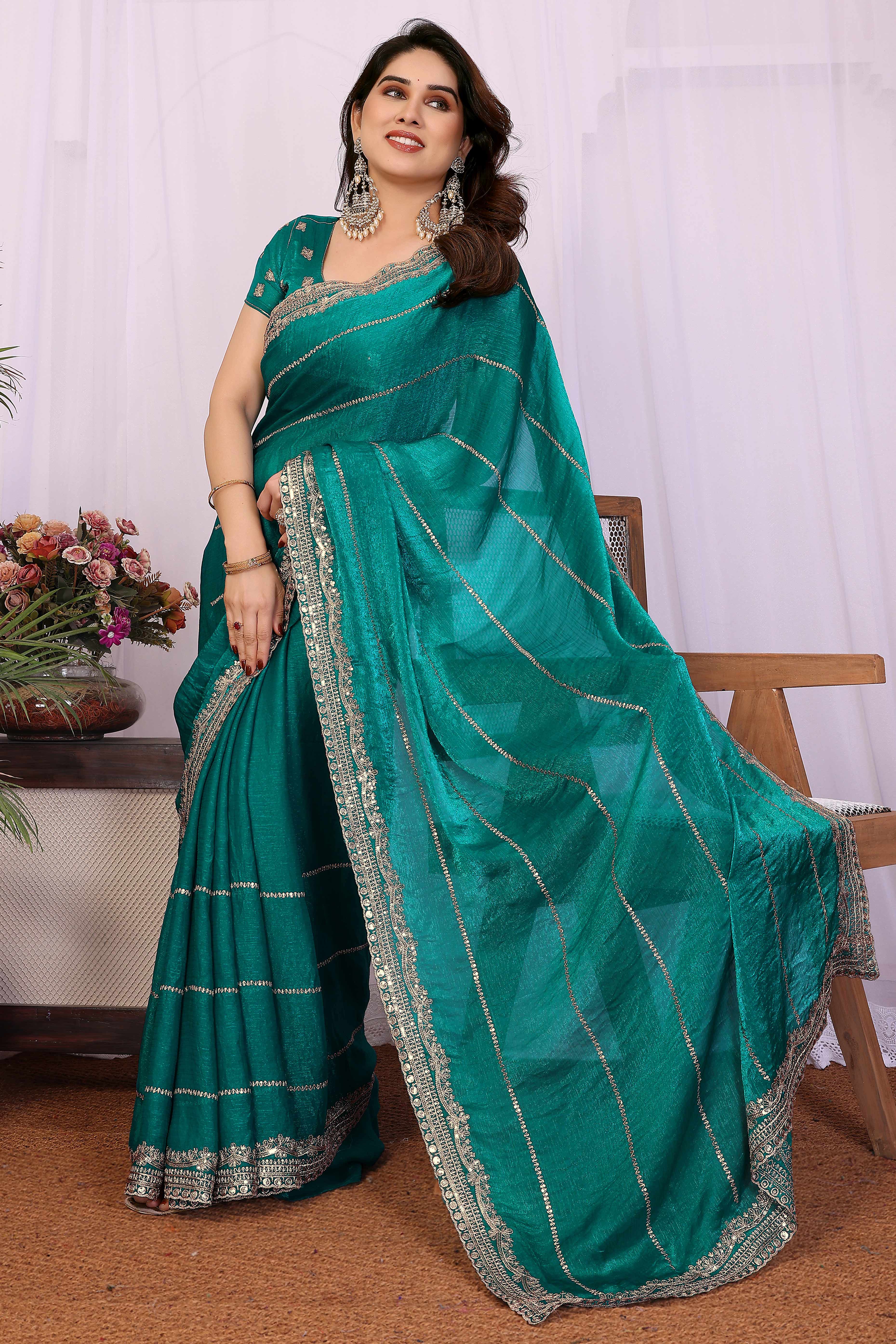 Rama Green Sequins Work Embroidered Chiffon Partywear Saree with Stylish Shimmer Finish