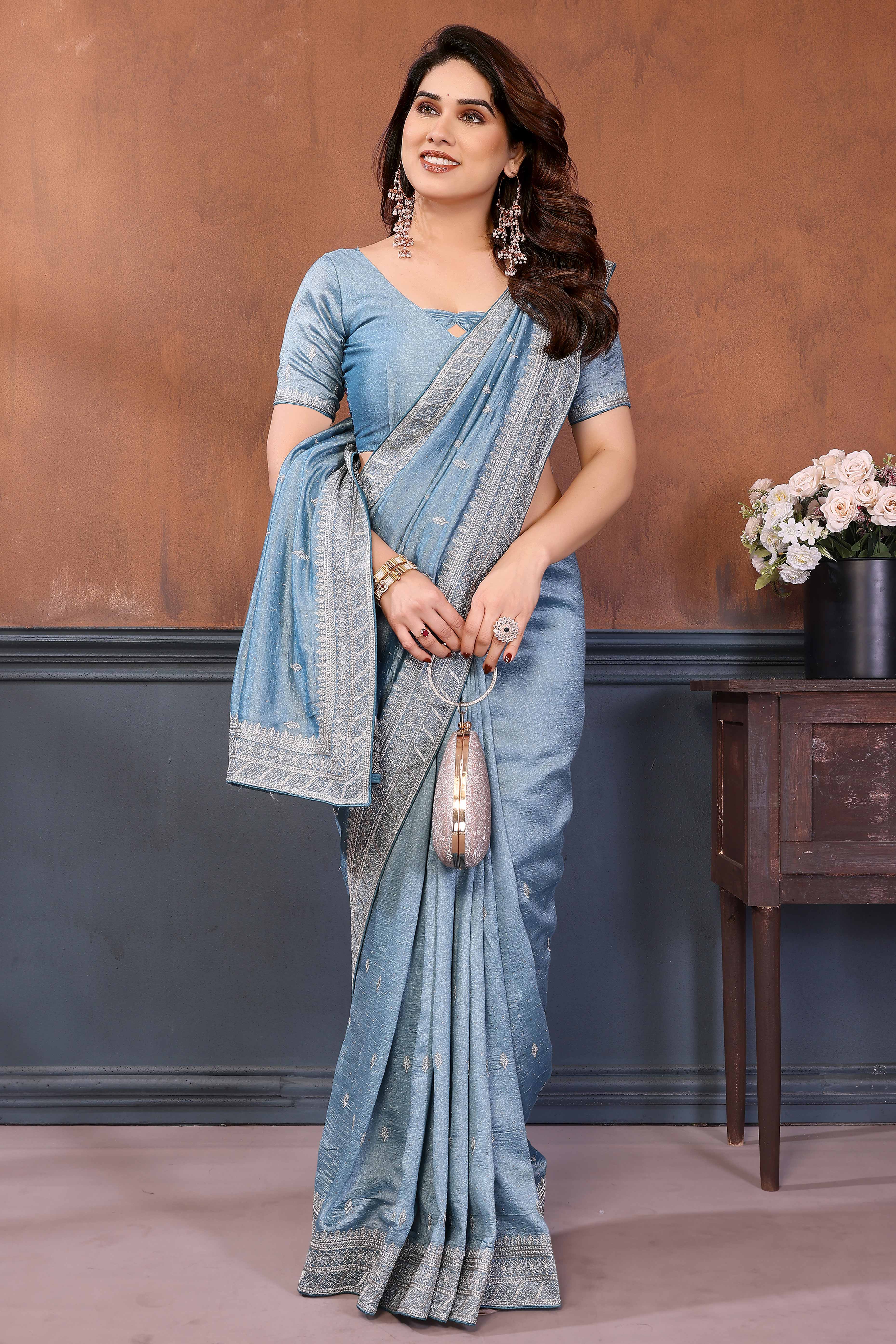 Light Blue Thread Work Embroidered Vichitra Silk Partywear Saree