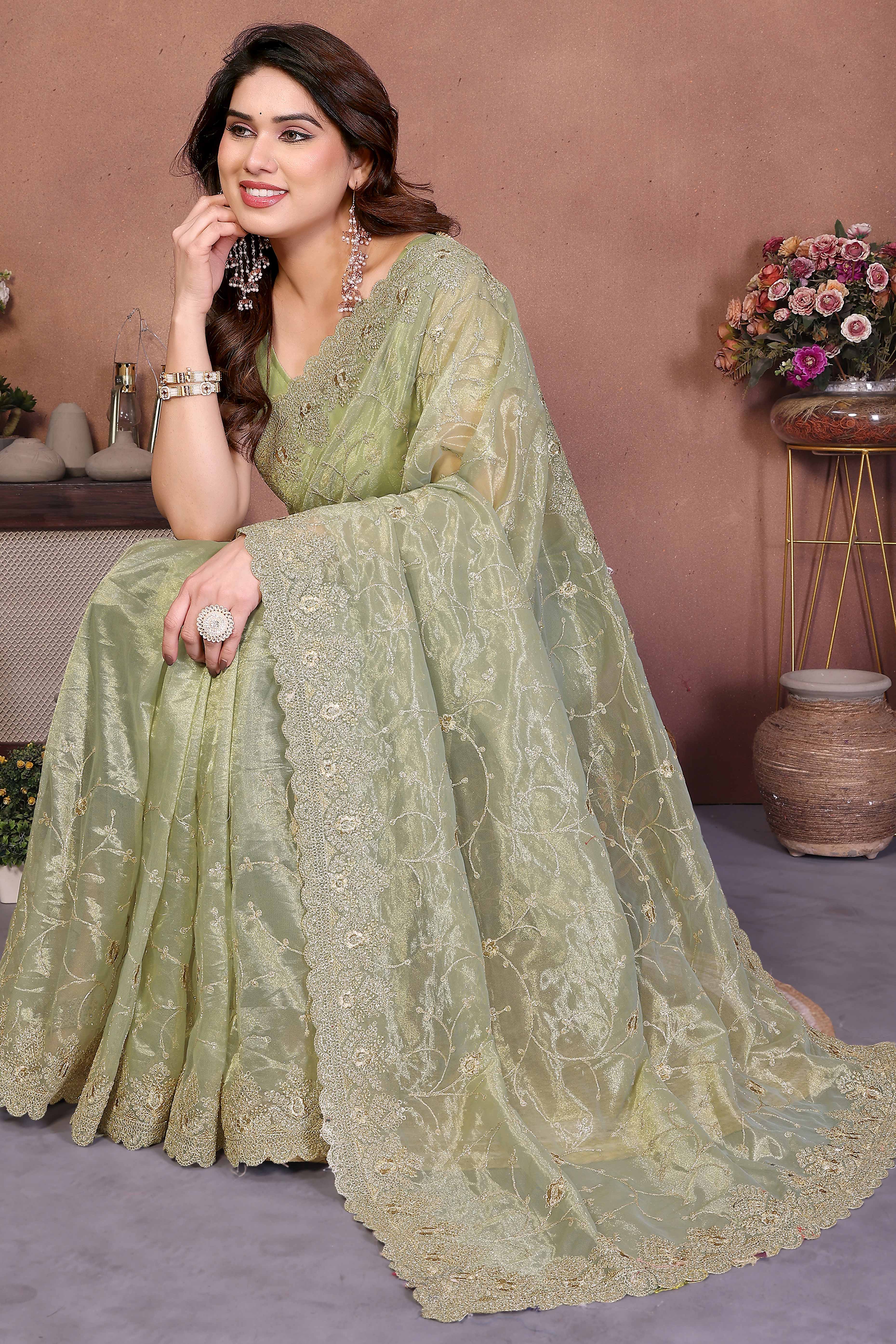 Pista Green Designer Twill Net Saree Enhanced with Delicate Thread Work Embroidery
