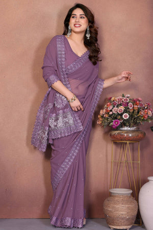 Mauve Designer Georgette Saree Enhanced with Delicate Thread Work Embroidery
