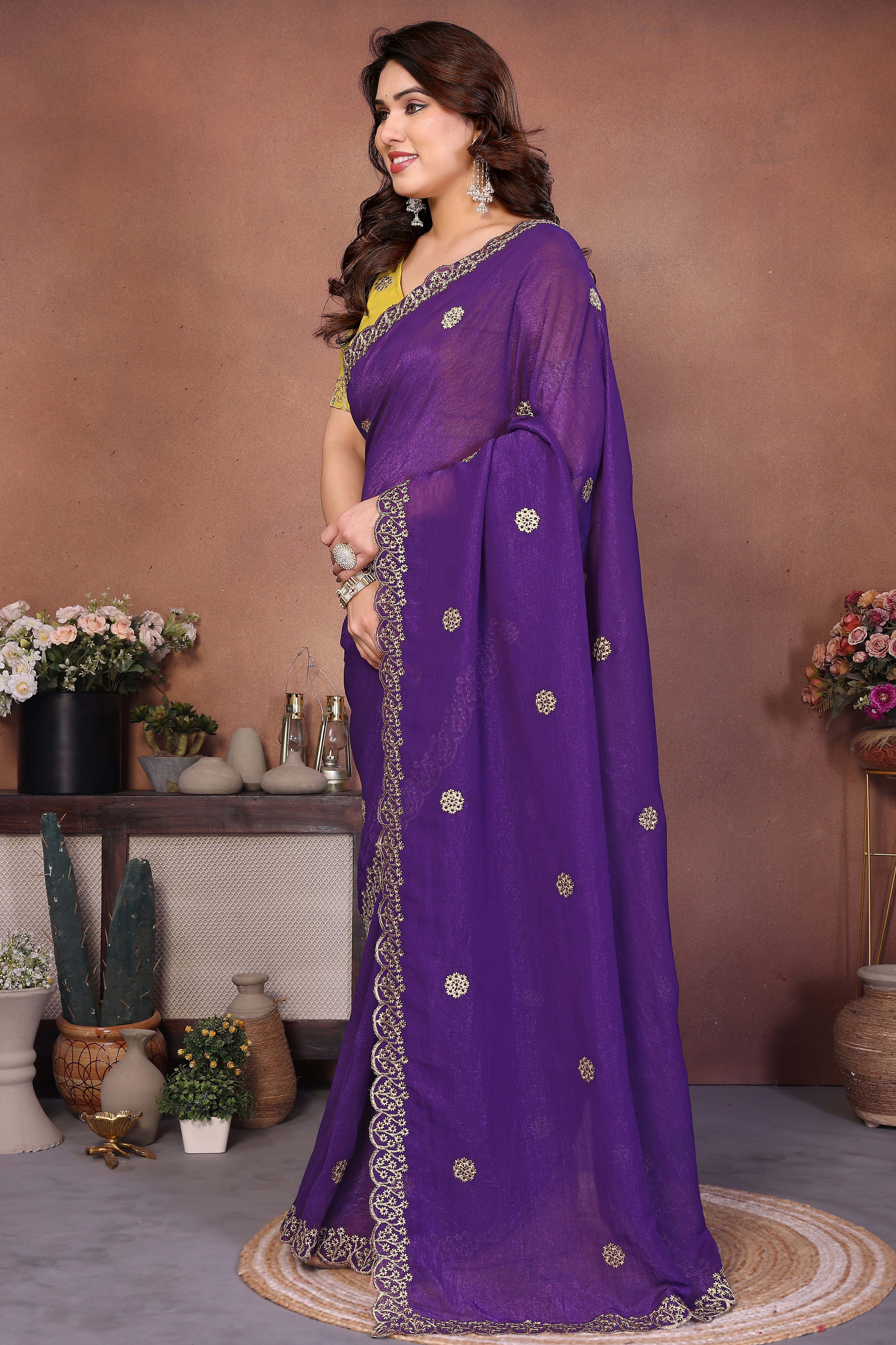Violet Designer Crunchy Saree Enhanced with Delicate Thread Work Embroidery