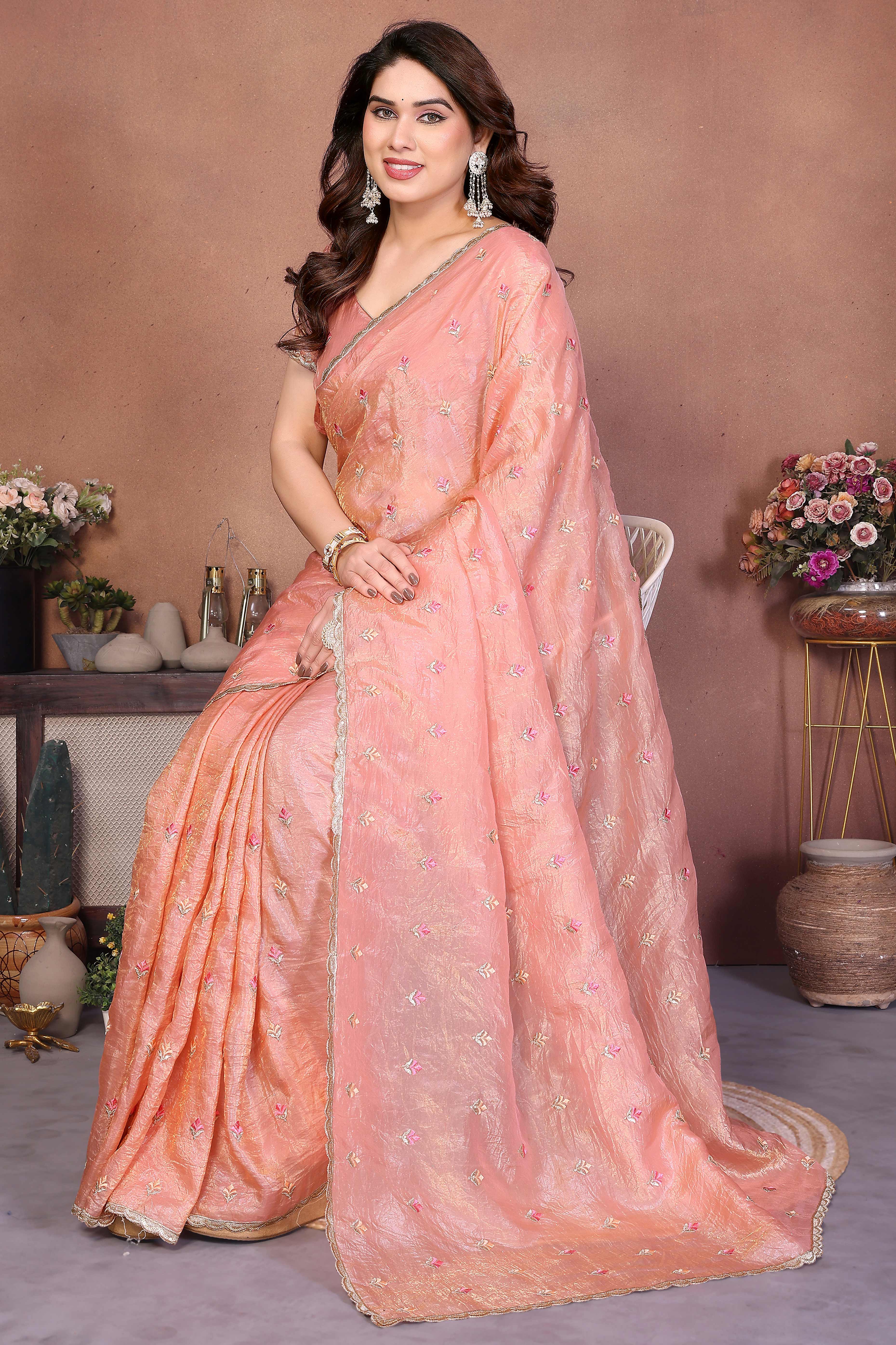 Peach Designer Crepe Saree Enhanced with Delicate Thread Work Embroidery