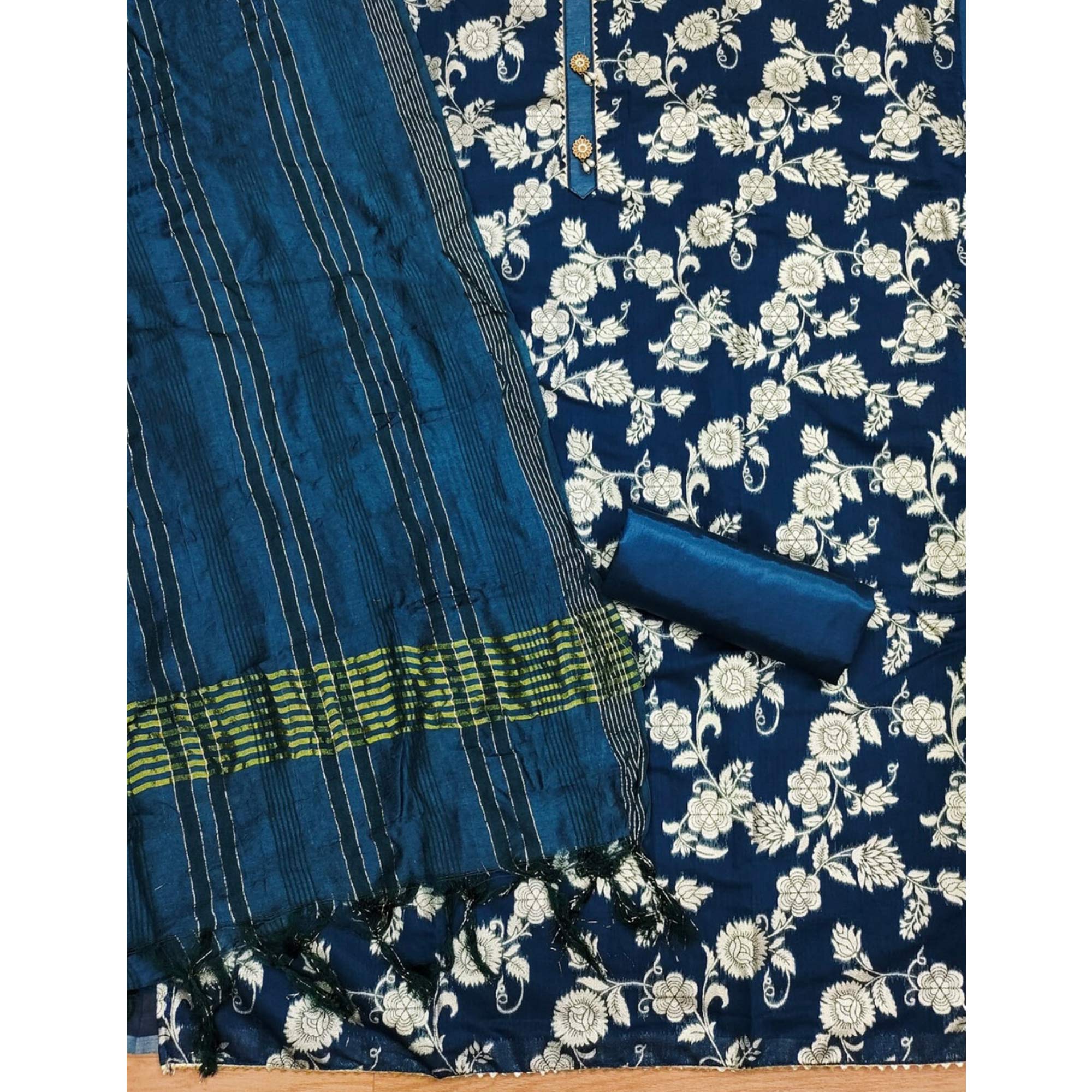 Blue Floral Woven Modal Dress Material