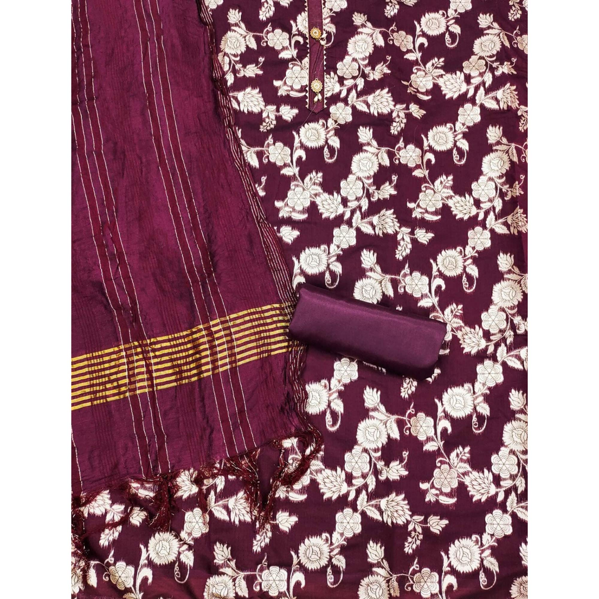 Wine Floral Woven Modal Dress Material