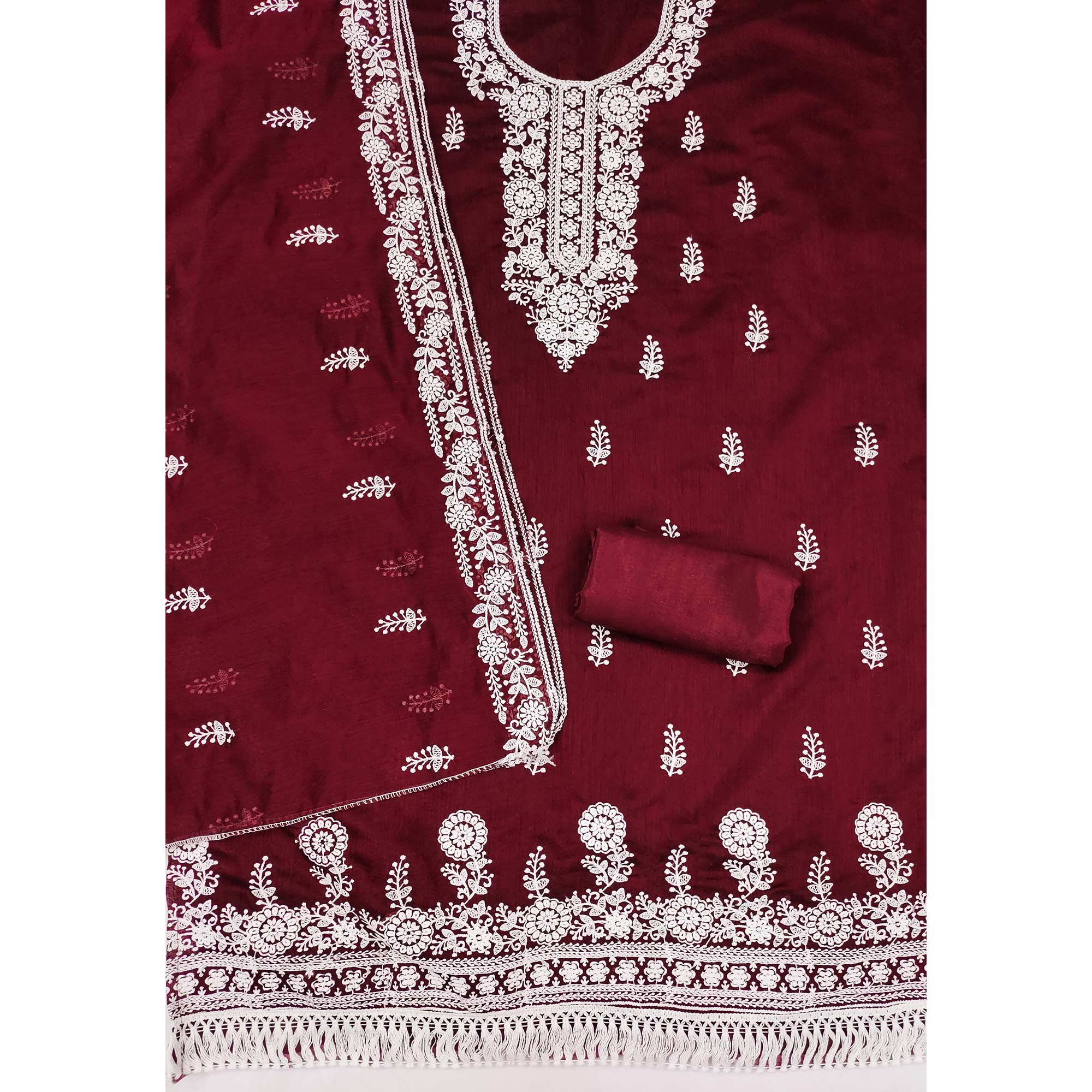 Maroon Floral Embroidered Modal Dress Material