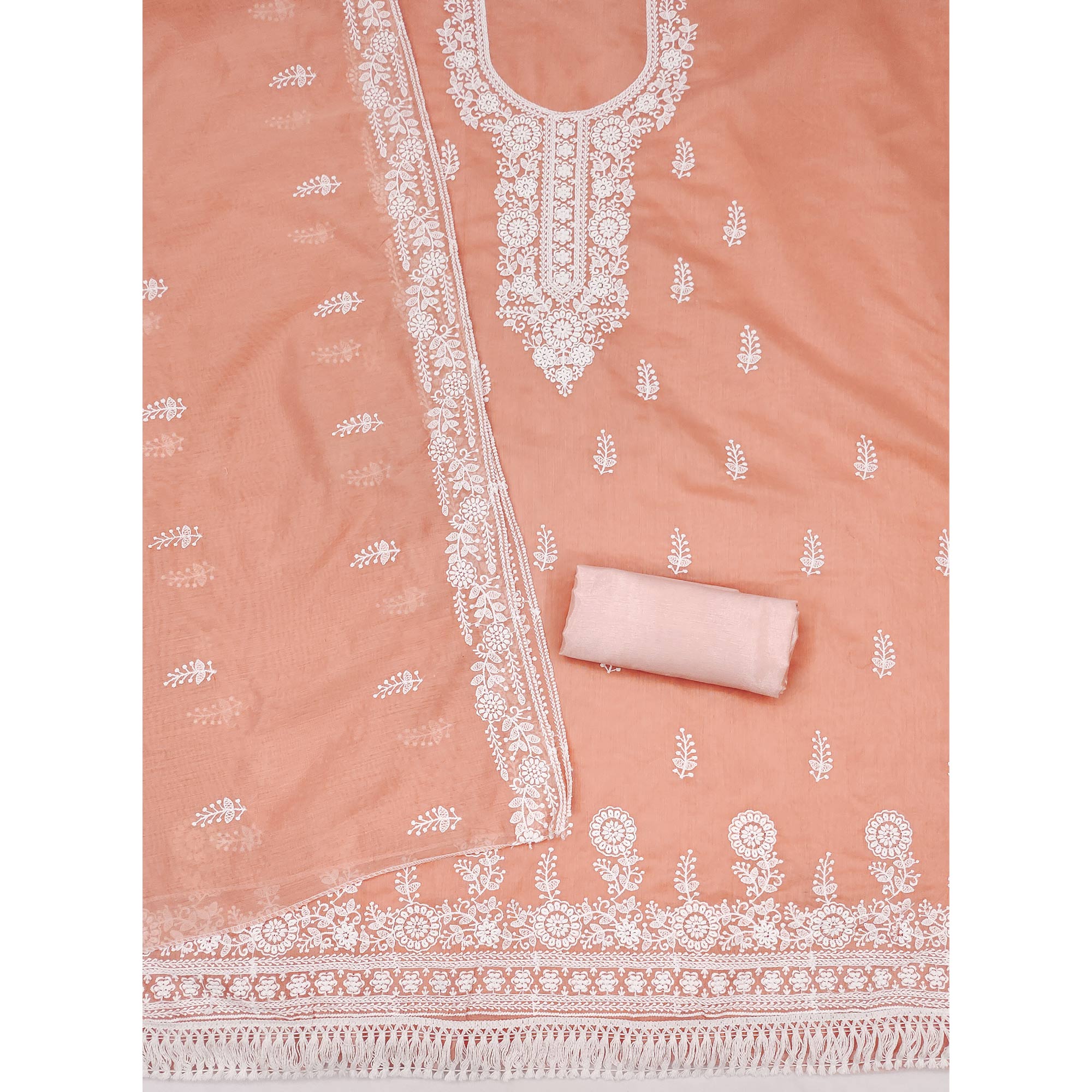 Peach Floral Embroidered Modal Dress Material