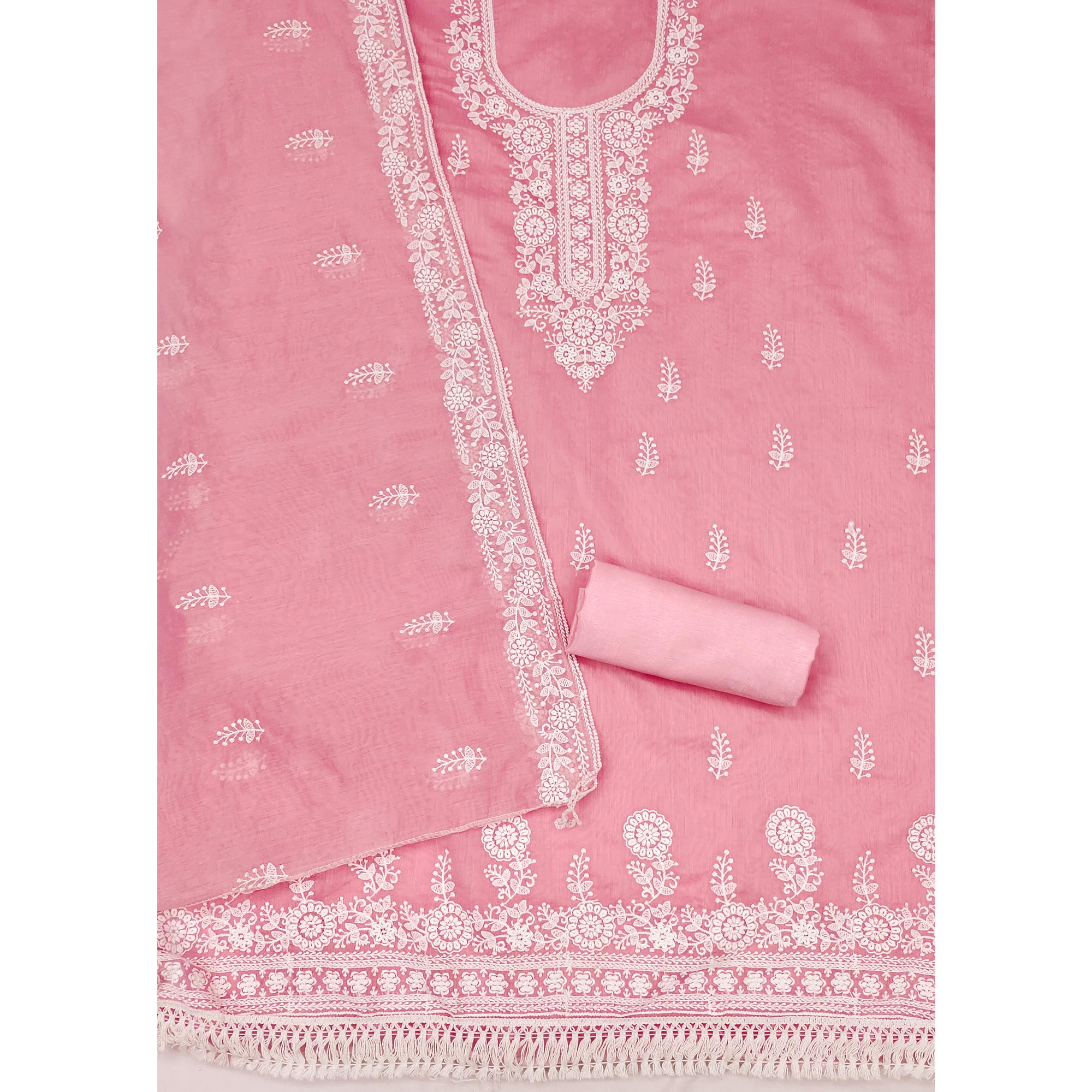 Pink Floral Embroidered Modal Dress Material