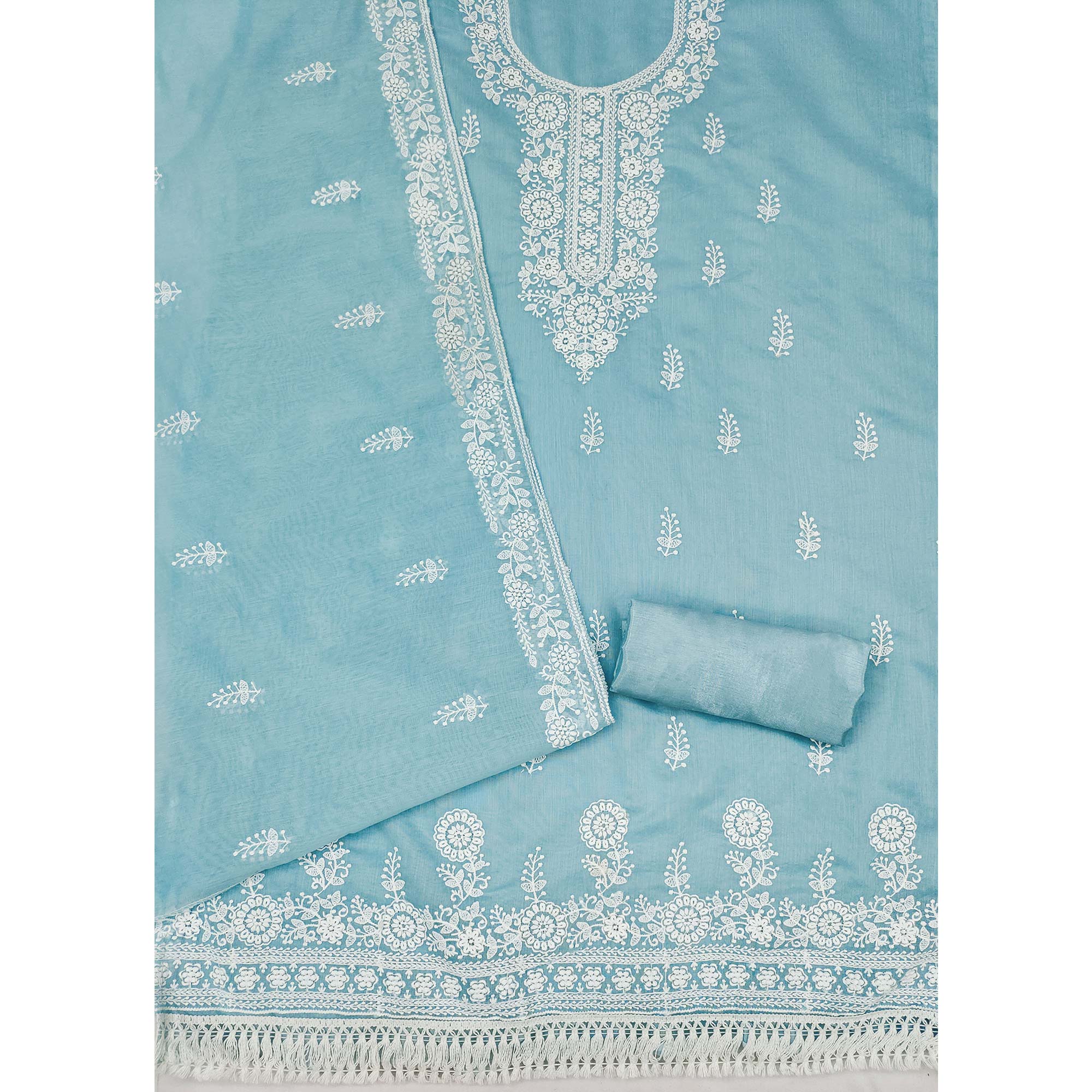 Sky Blue Floral Embroidered Modal Dress Material