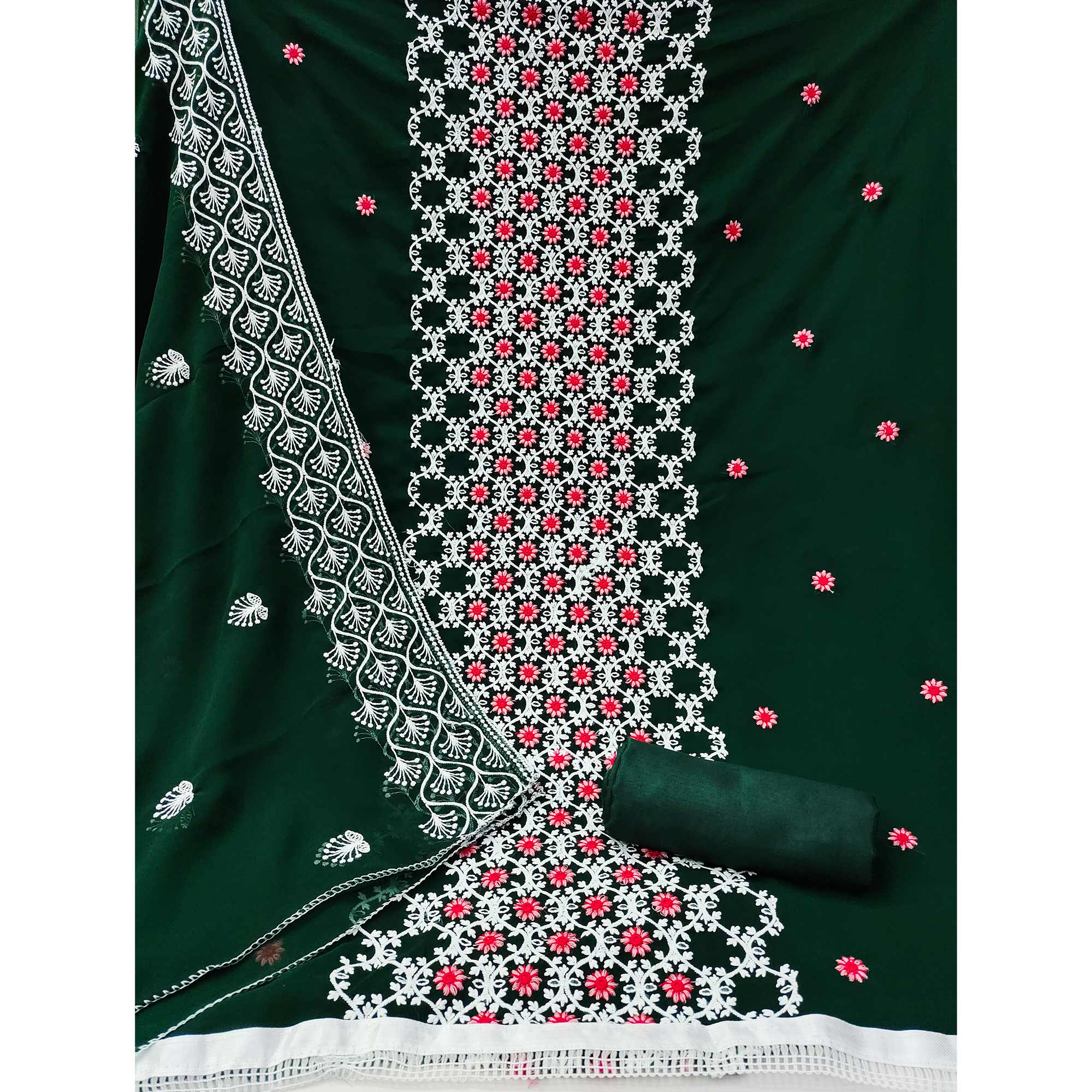 Bottle Green Embroidered Georgette Dress Material