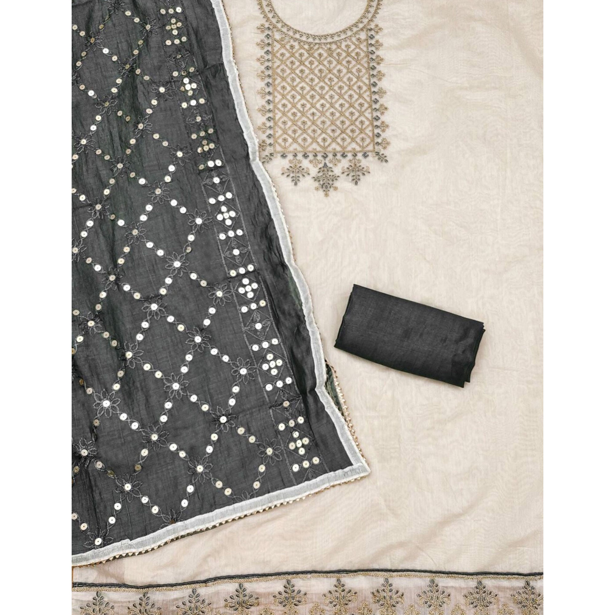 Cream Floral Embroidered Modal Dress Material