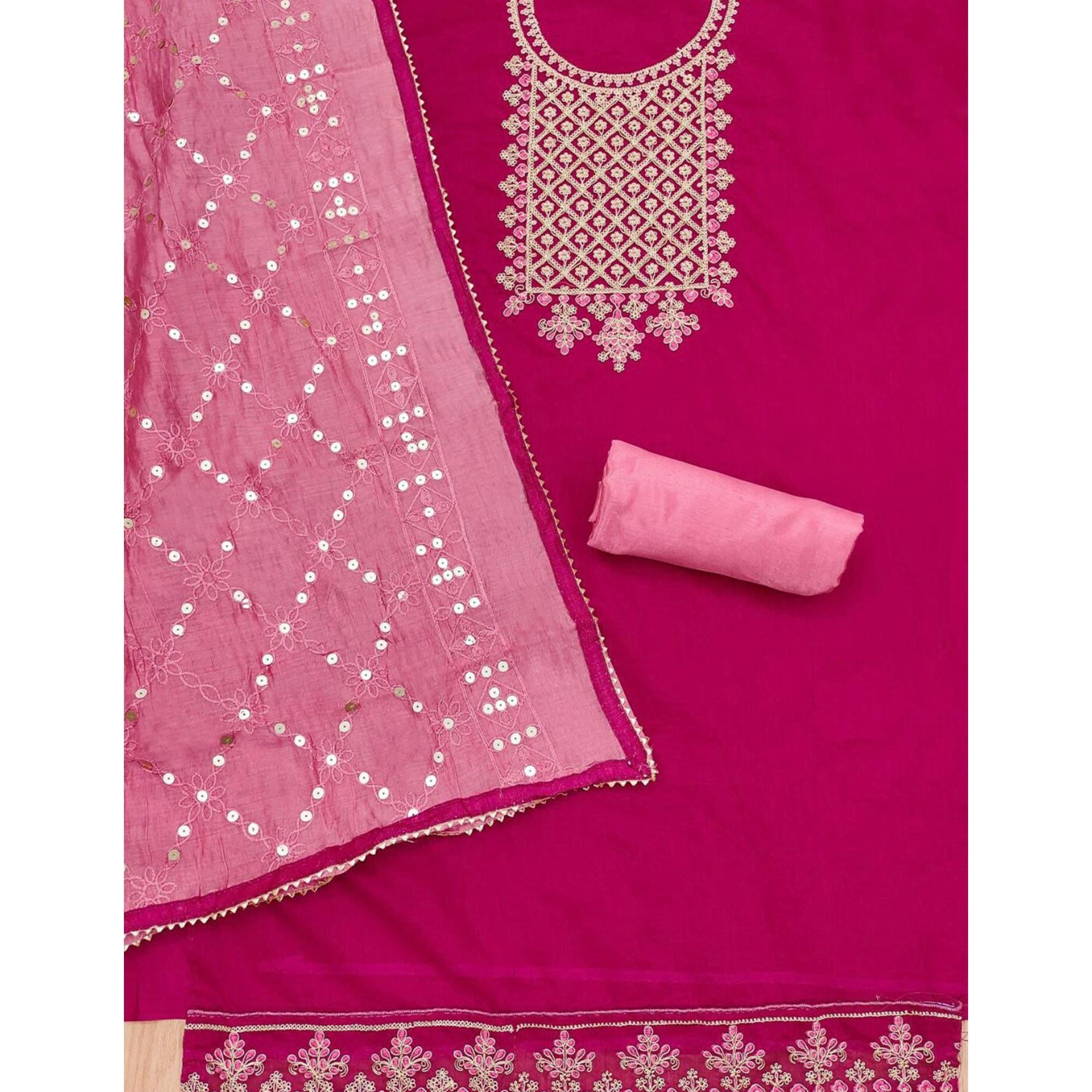 Pink Floral Embroidered Modal Dress Material