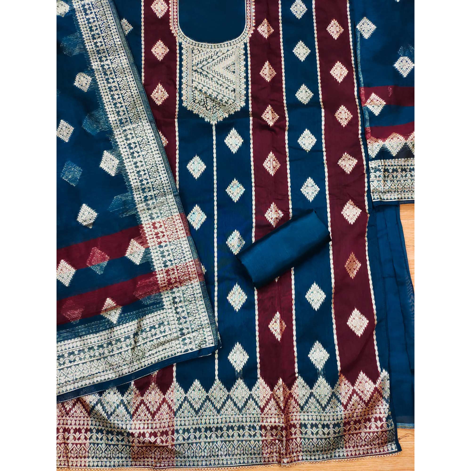 Blue Woven Chanderi Dress Material