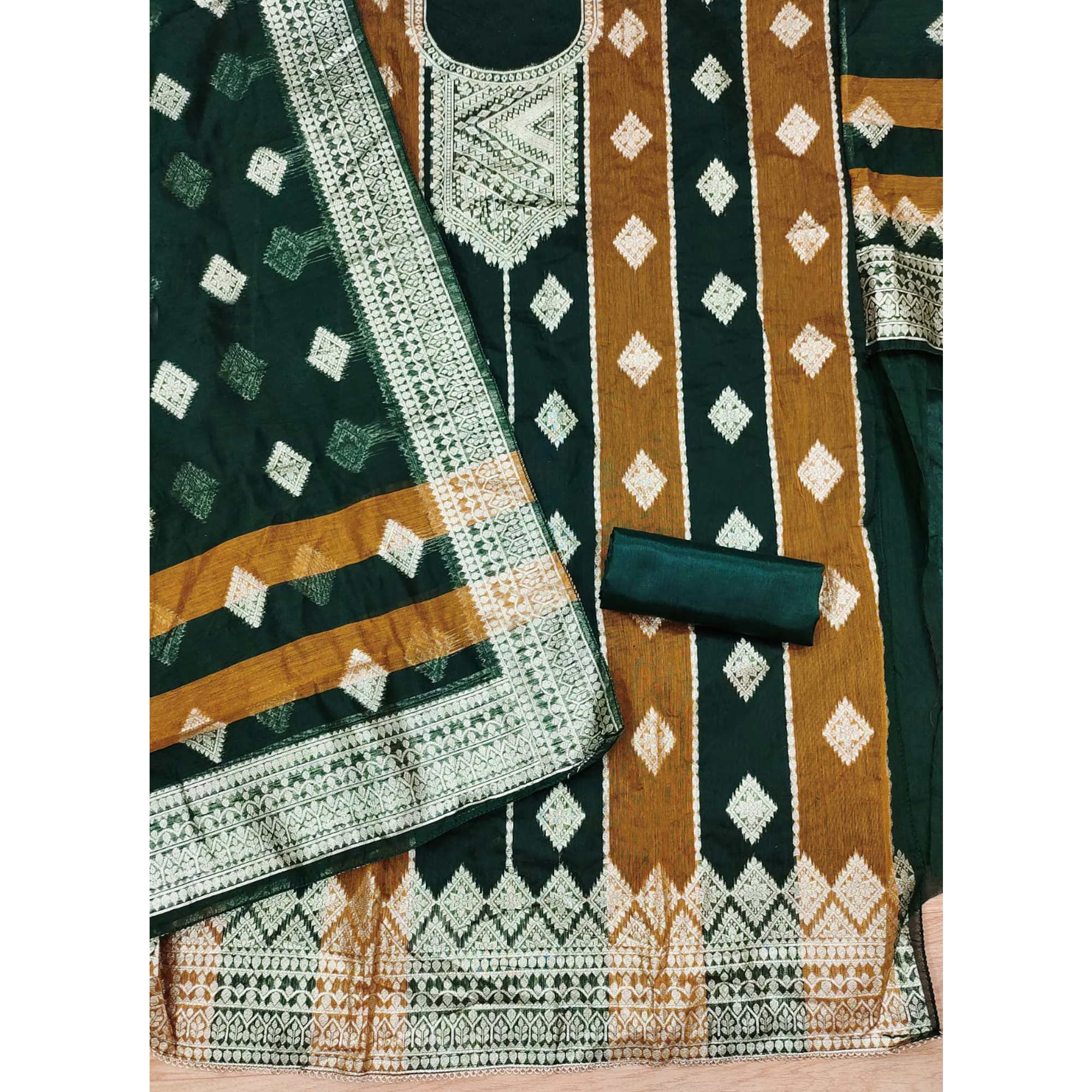 Green Woven Chanderi Dress Material