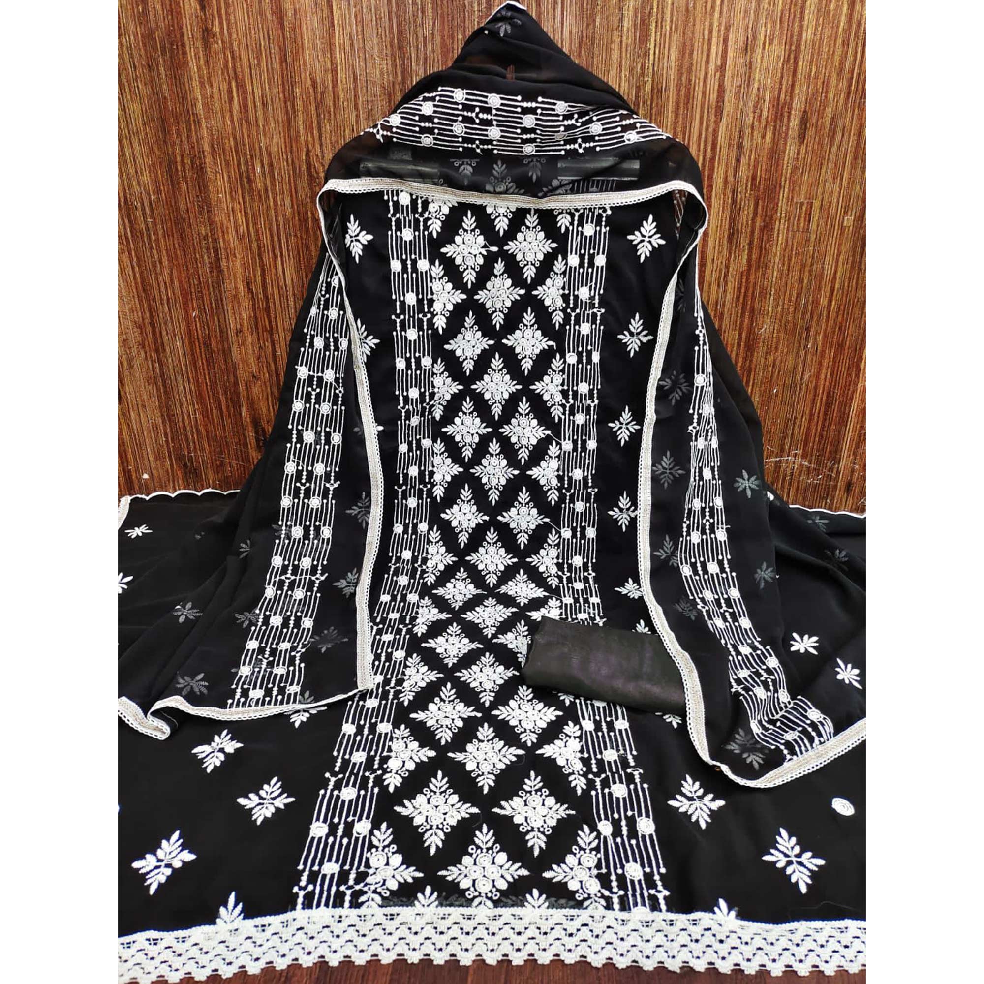 Black Floral Embroidered Georgette Dress Material