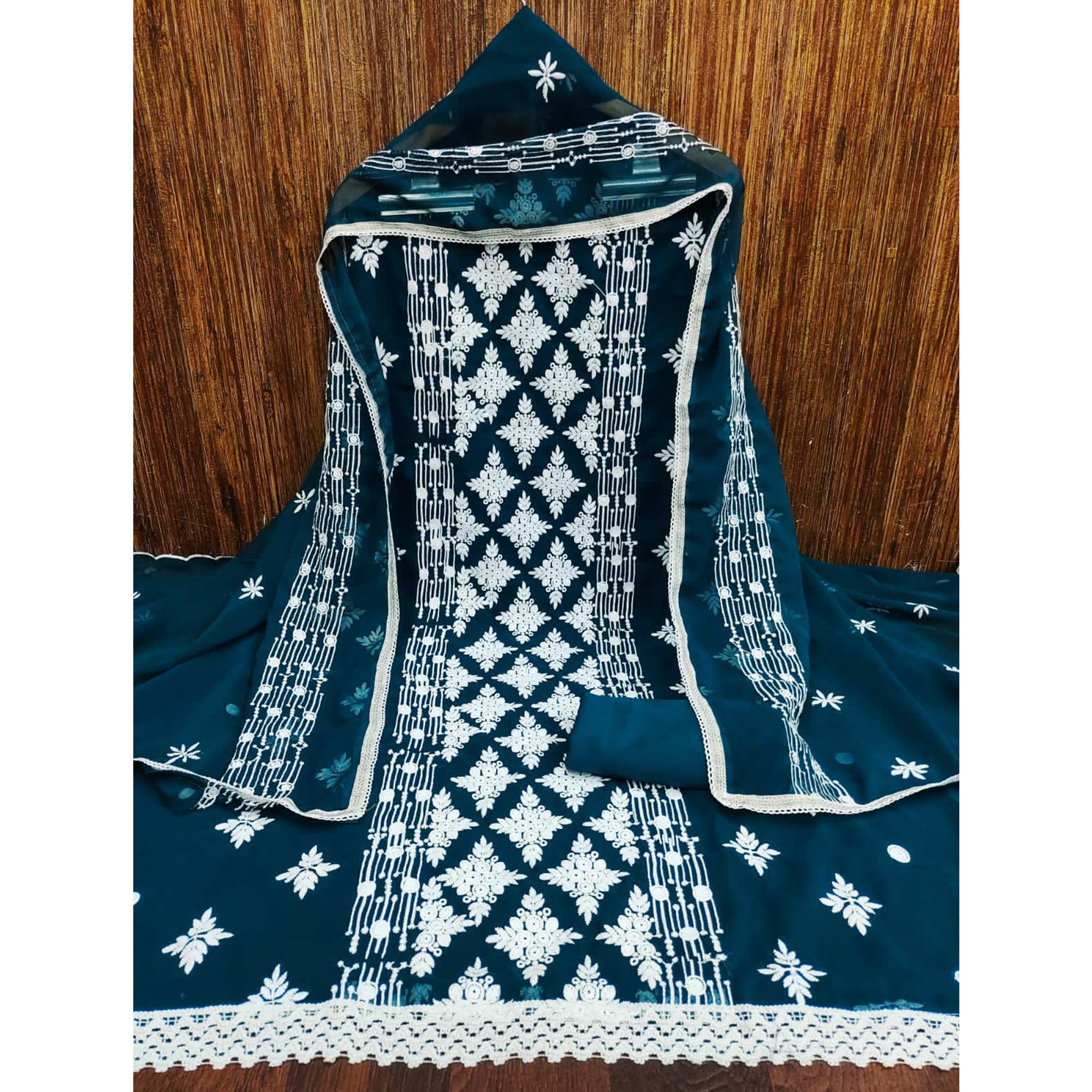 Blue Floral Embroidered Georgette Dress Material
