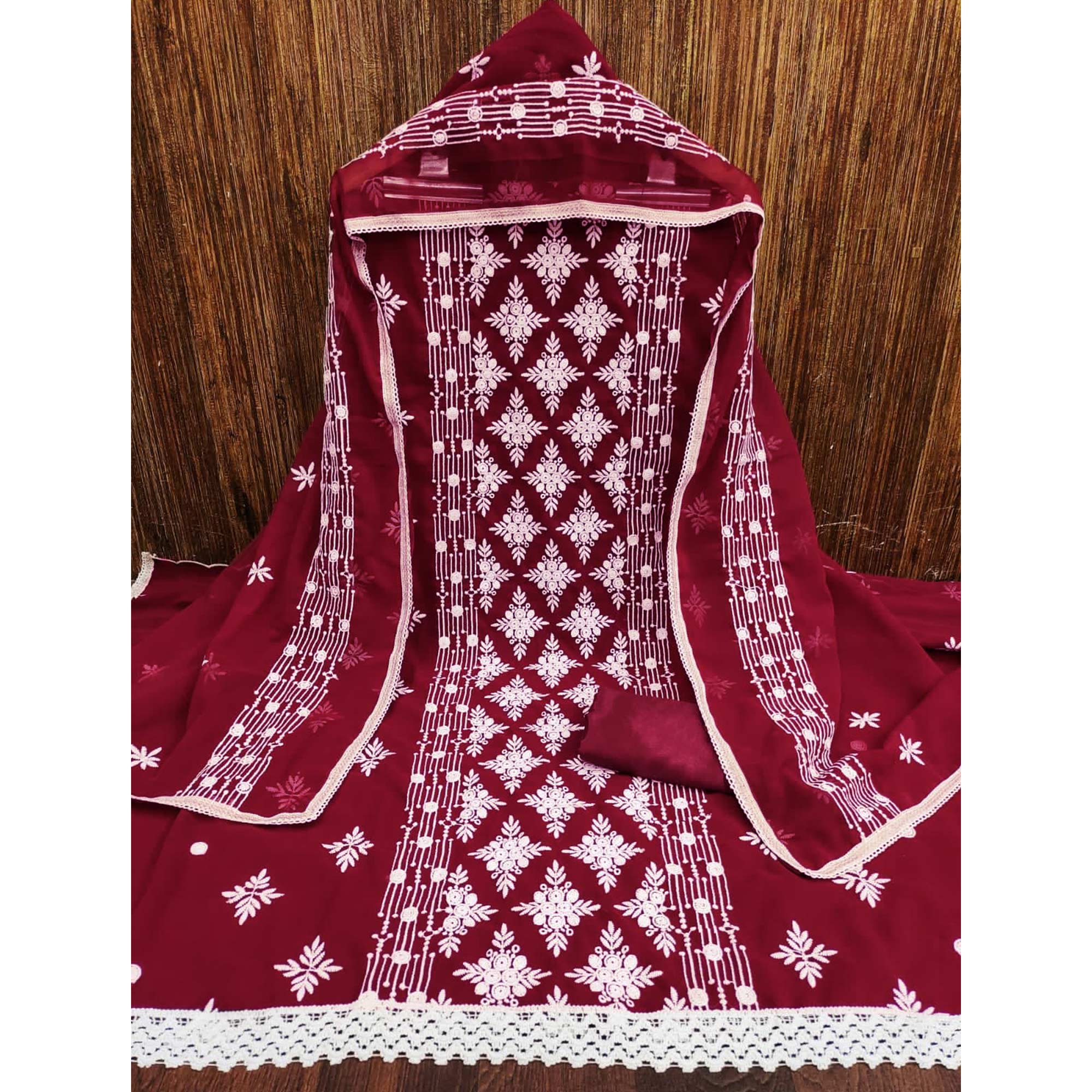 Maroon Floral Embroidered Georgette Dress Material