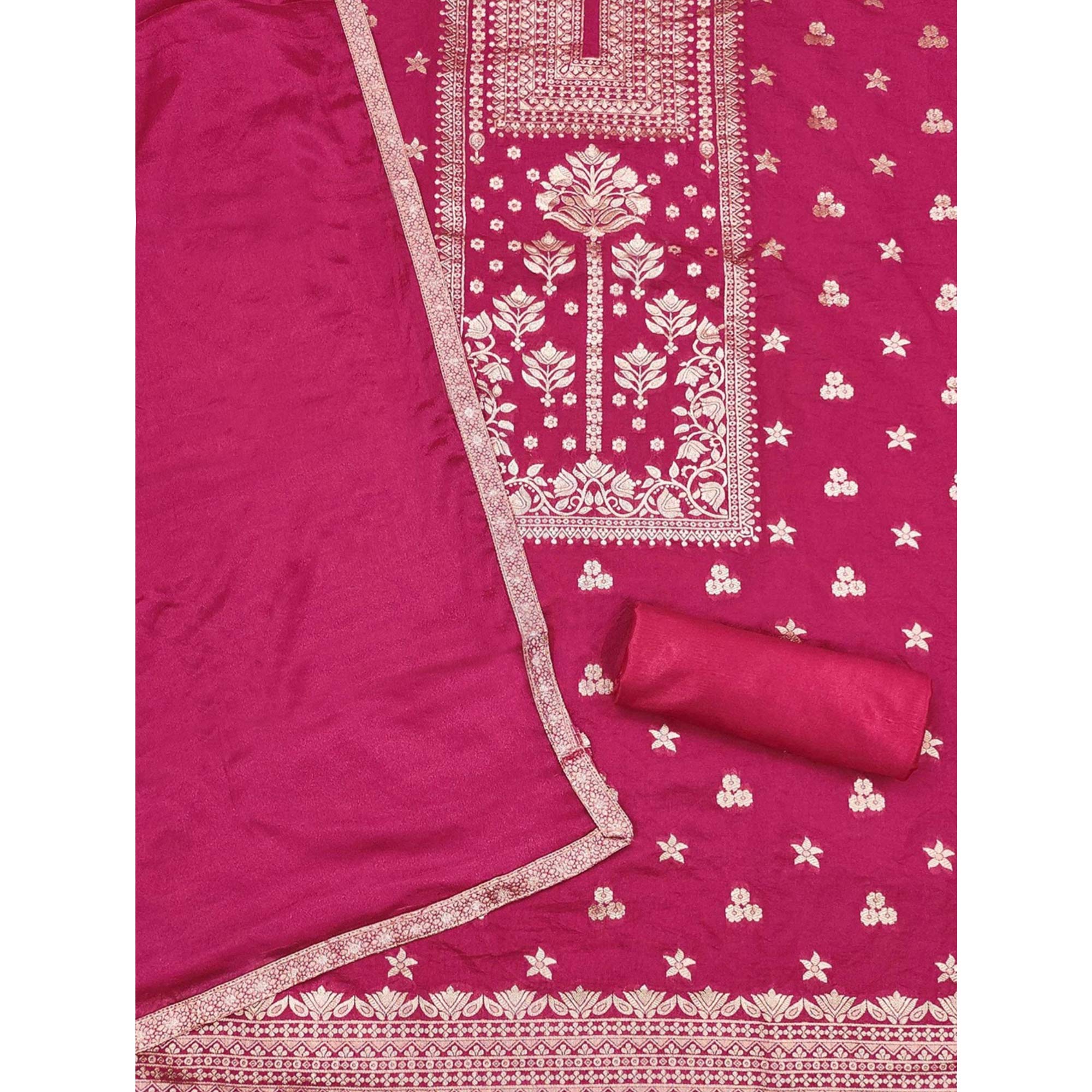 Pink Floral Woven Banarasi Silk Dress Material