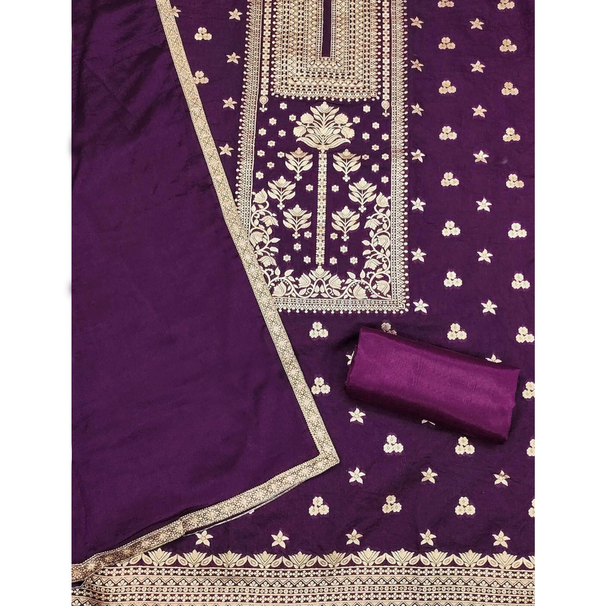 Purple Floral Woven Banarasi Silk Dress Material