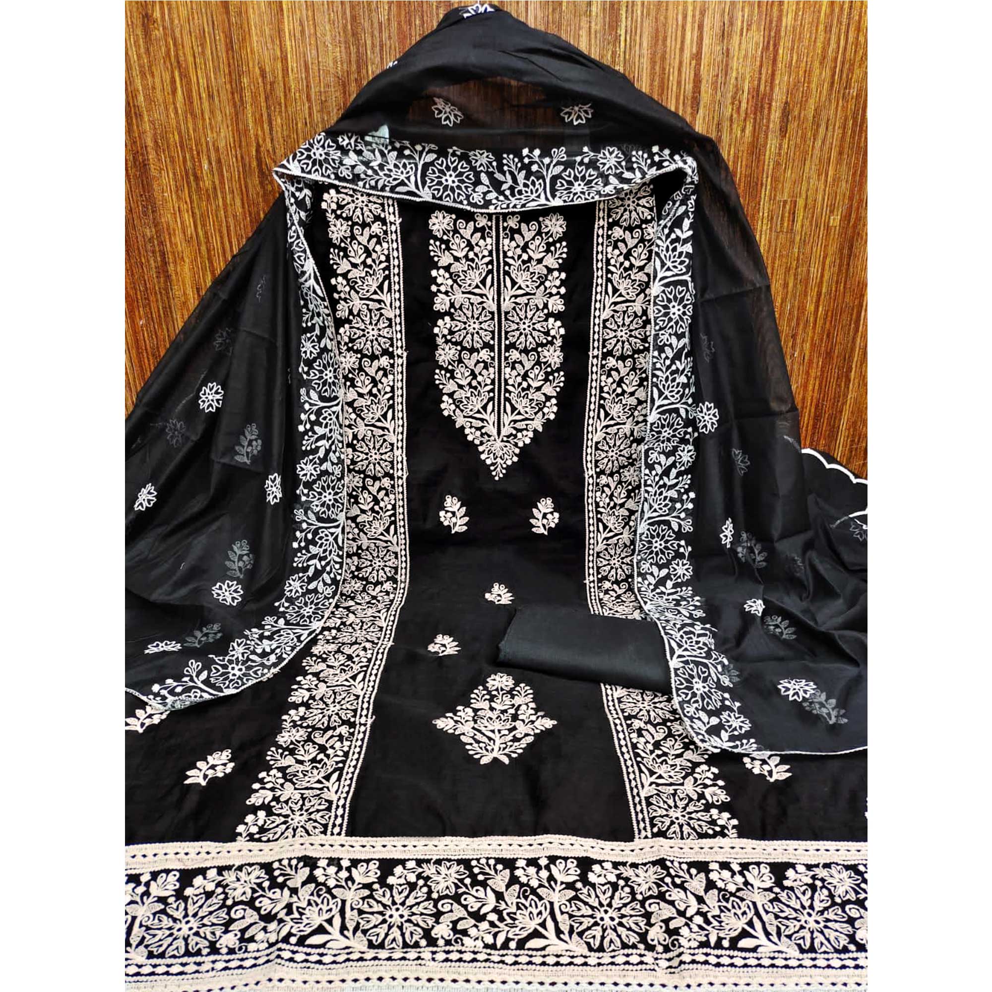 Black Floral Embroidered Modal Dress Material