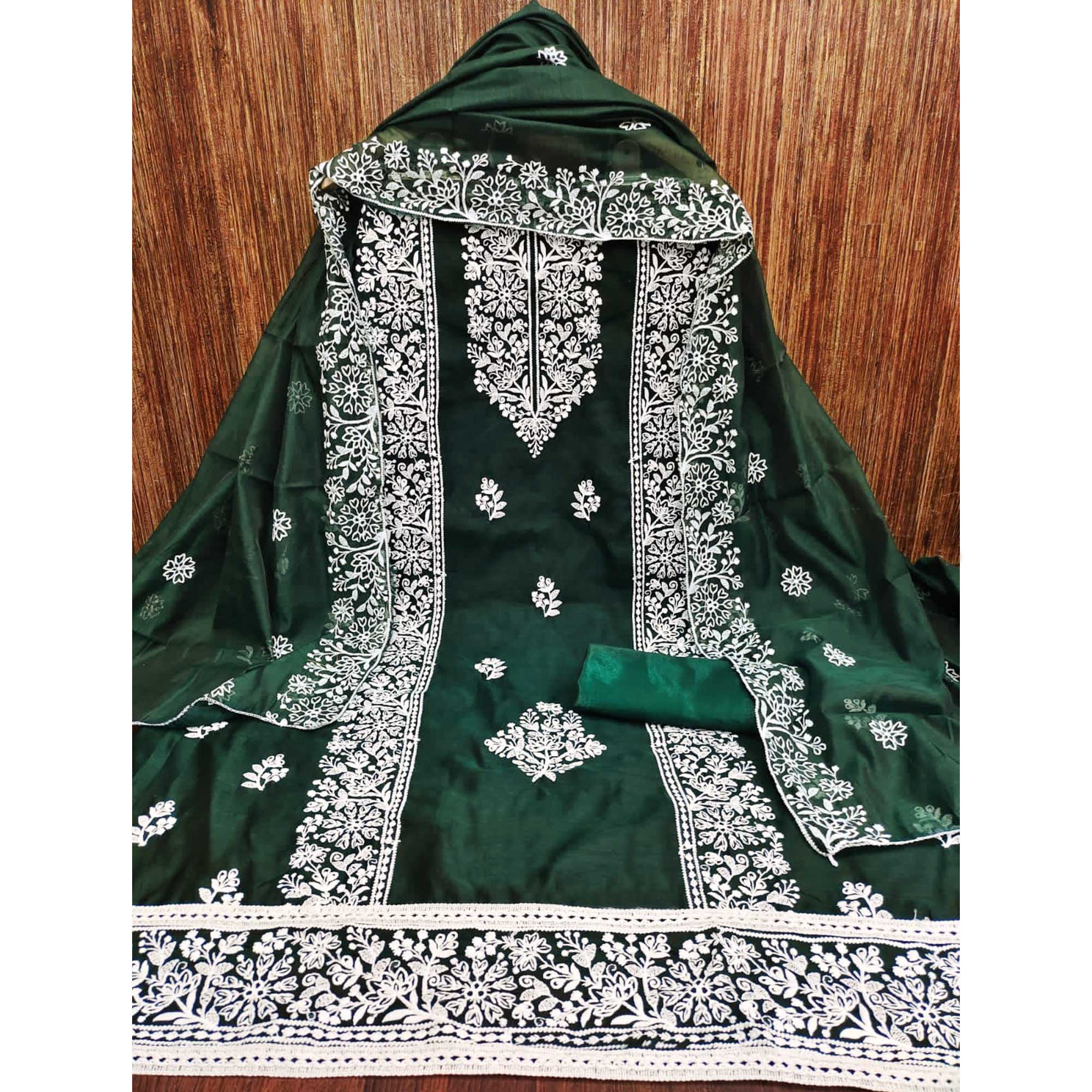 Green Floral Embroidered Modal Dress Material