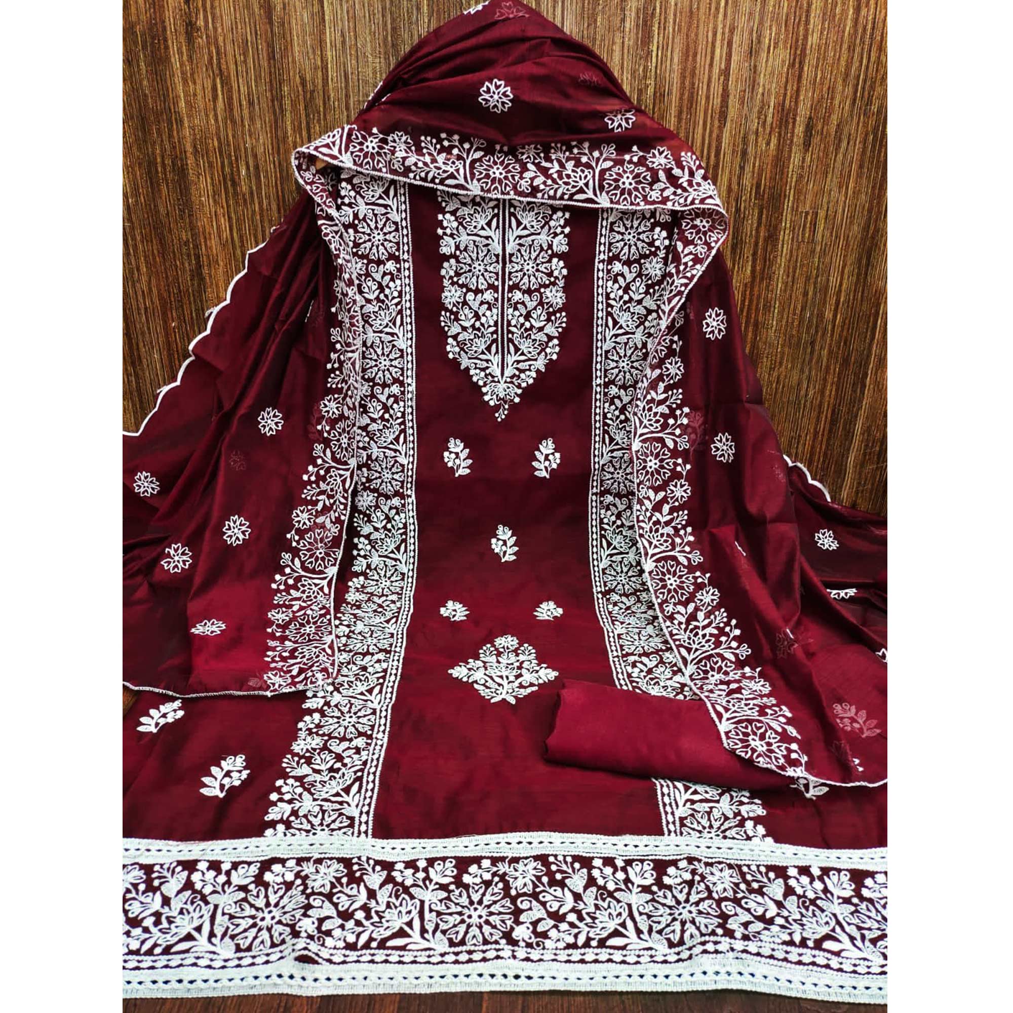 Maroon Floral Embroidered Modal Dress Material