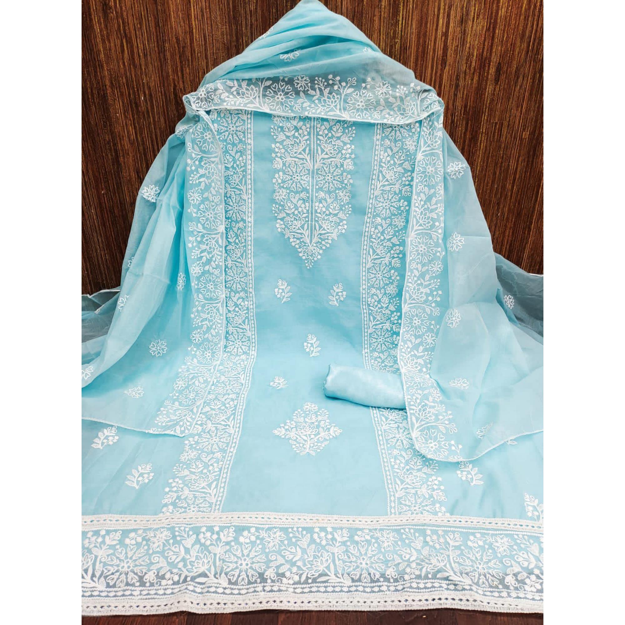 Sky Blue Floral Embroidered Modal Dress Material