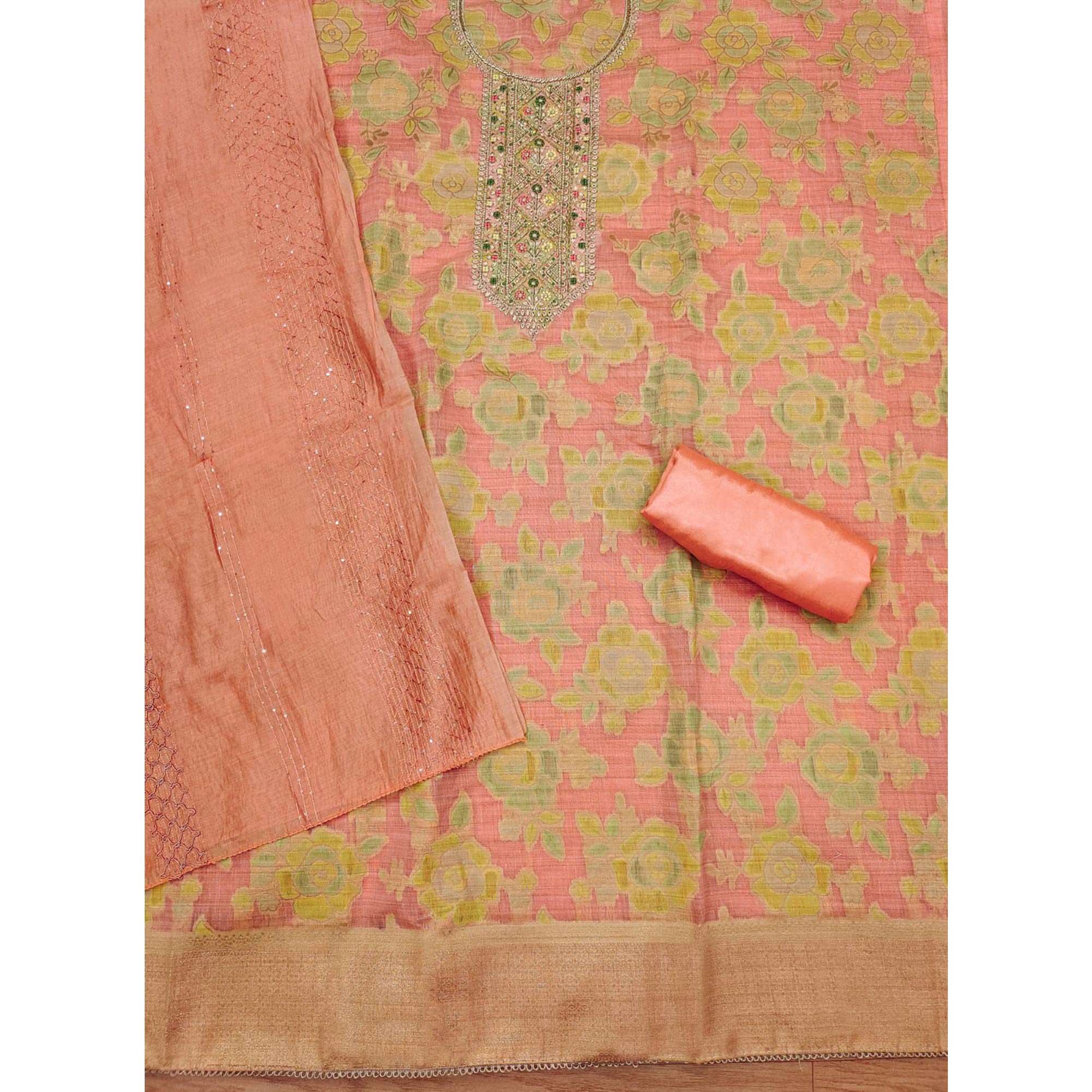 Peach Floral Embroidered Modal Dress Material