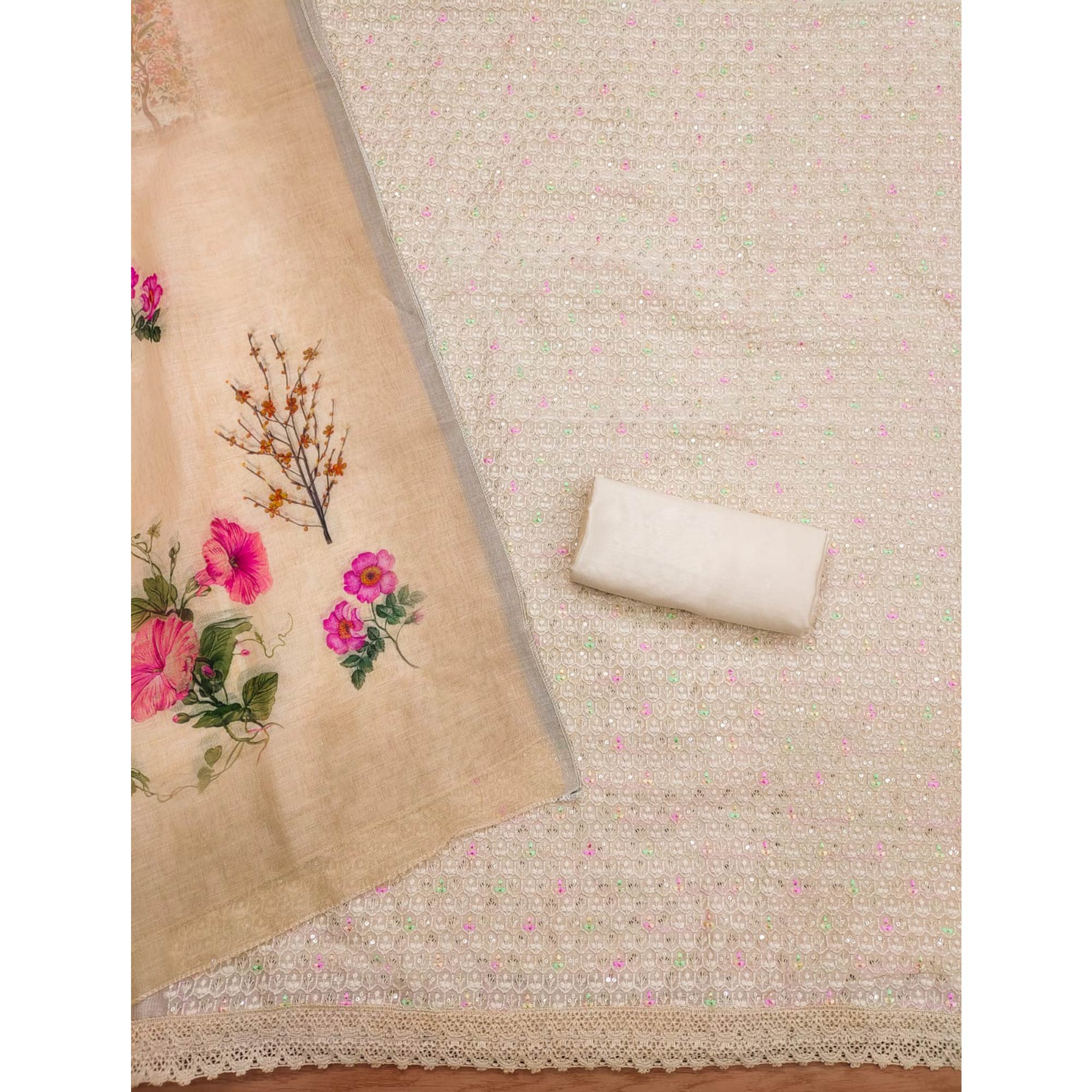 Cream Sequins Embroidered Chanderi Silk Dress Material