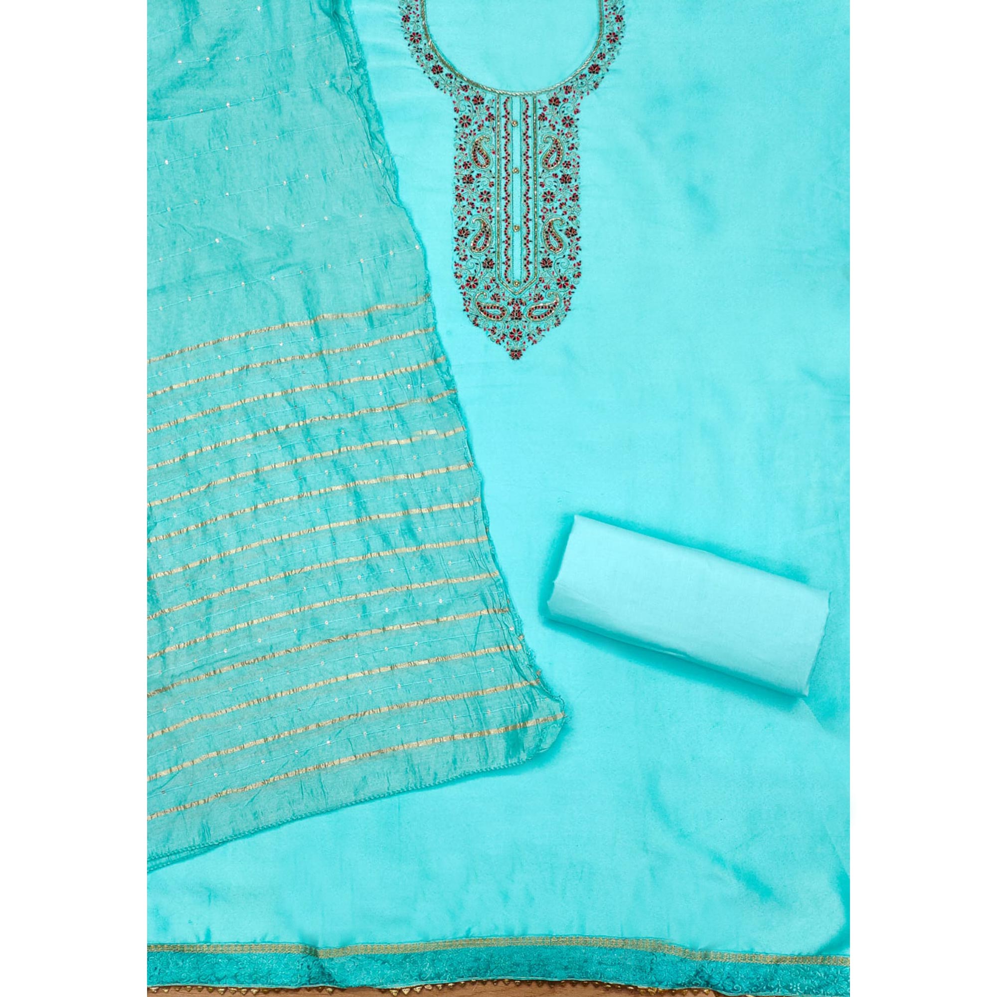 Blue Embroidered Cotton Blend Dress Material